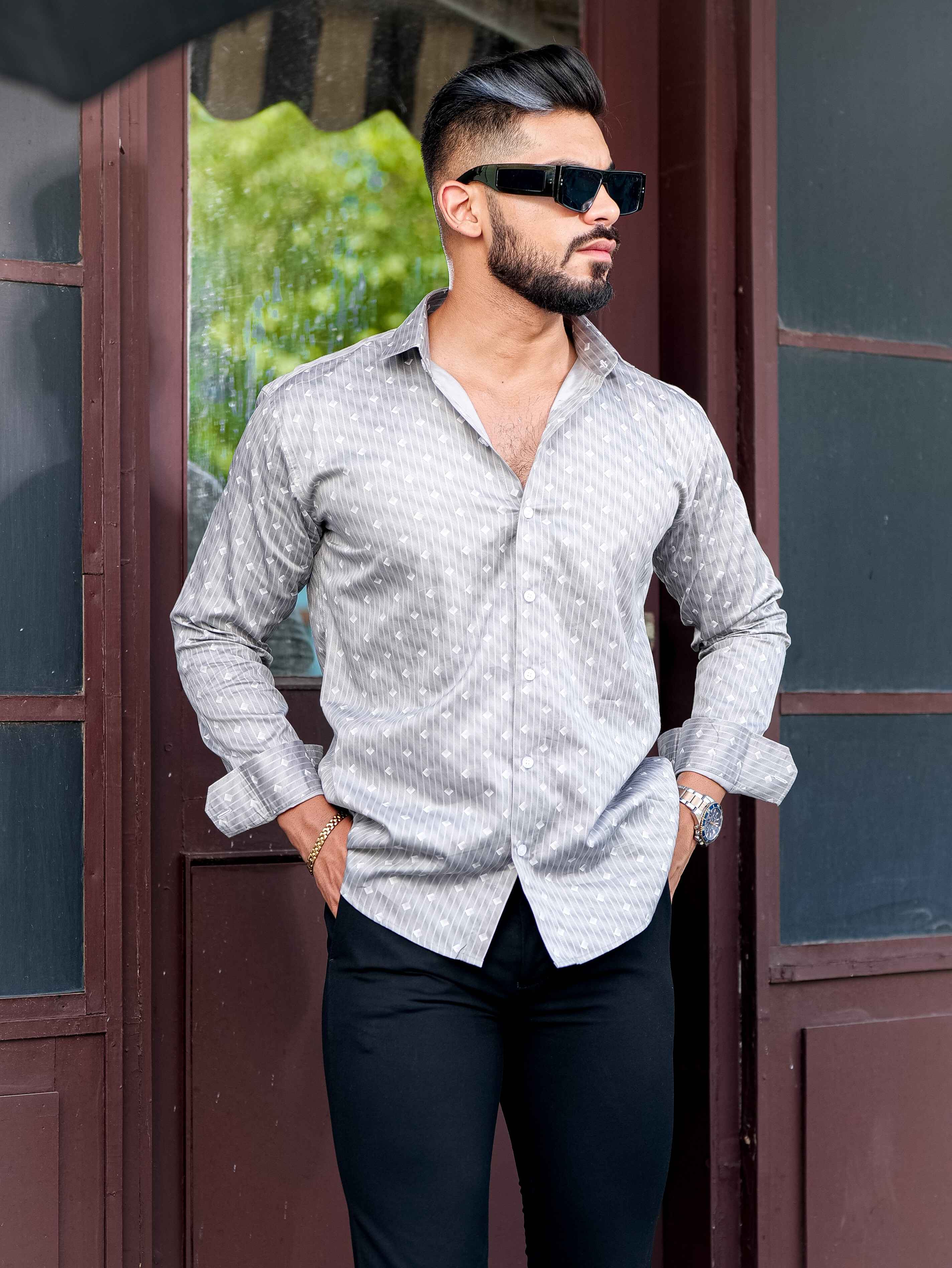 Grey Satin Print Premium Shirt - Image 6