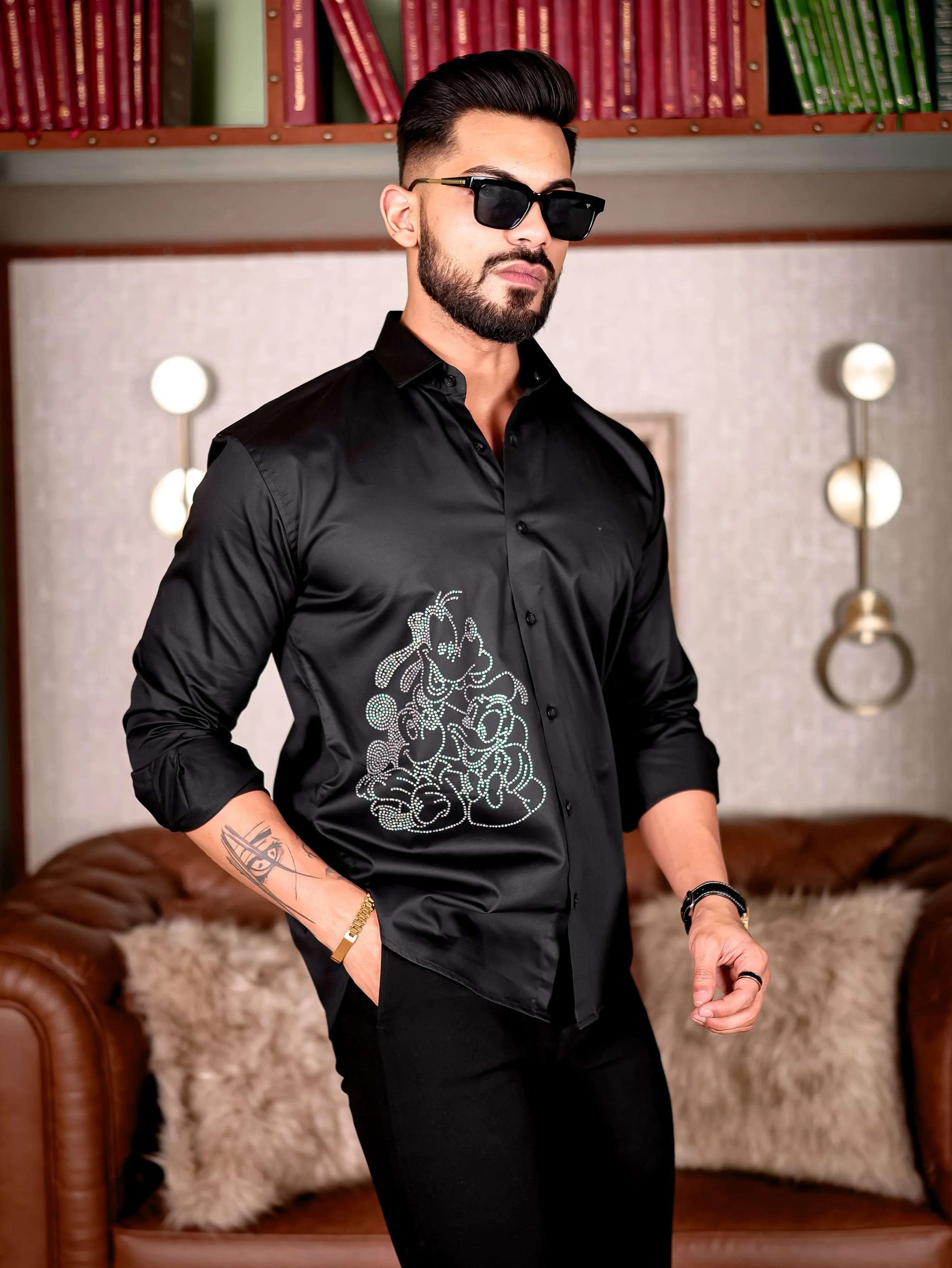 Black Starry Beaded Satin Cotton Premium Party Shirt
