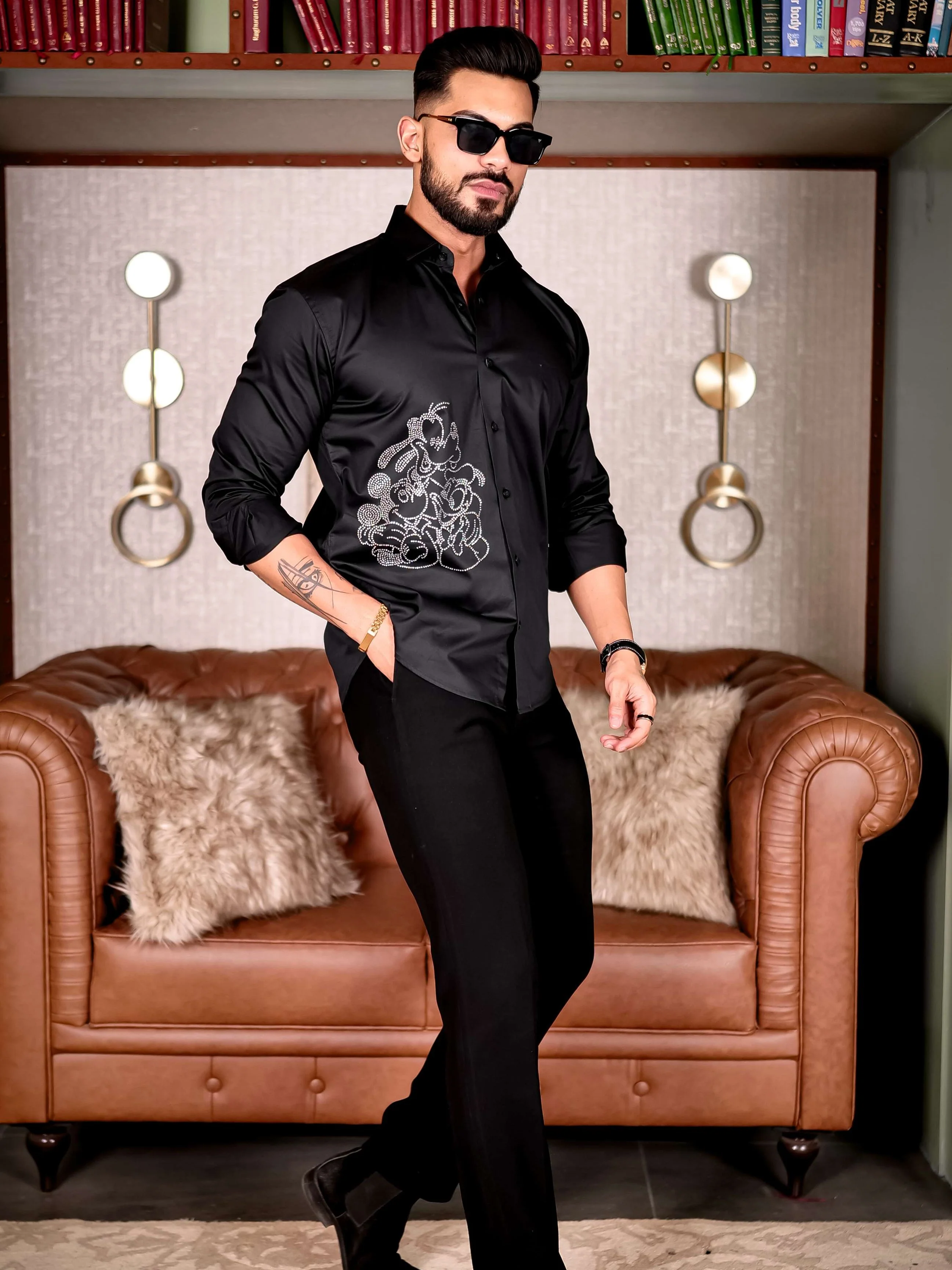 Black Starry Beaded Satin Cotton Premium Party Shirt - Image 5