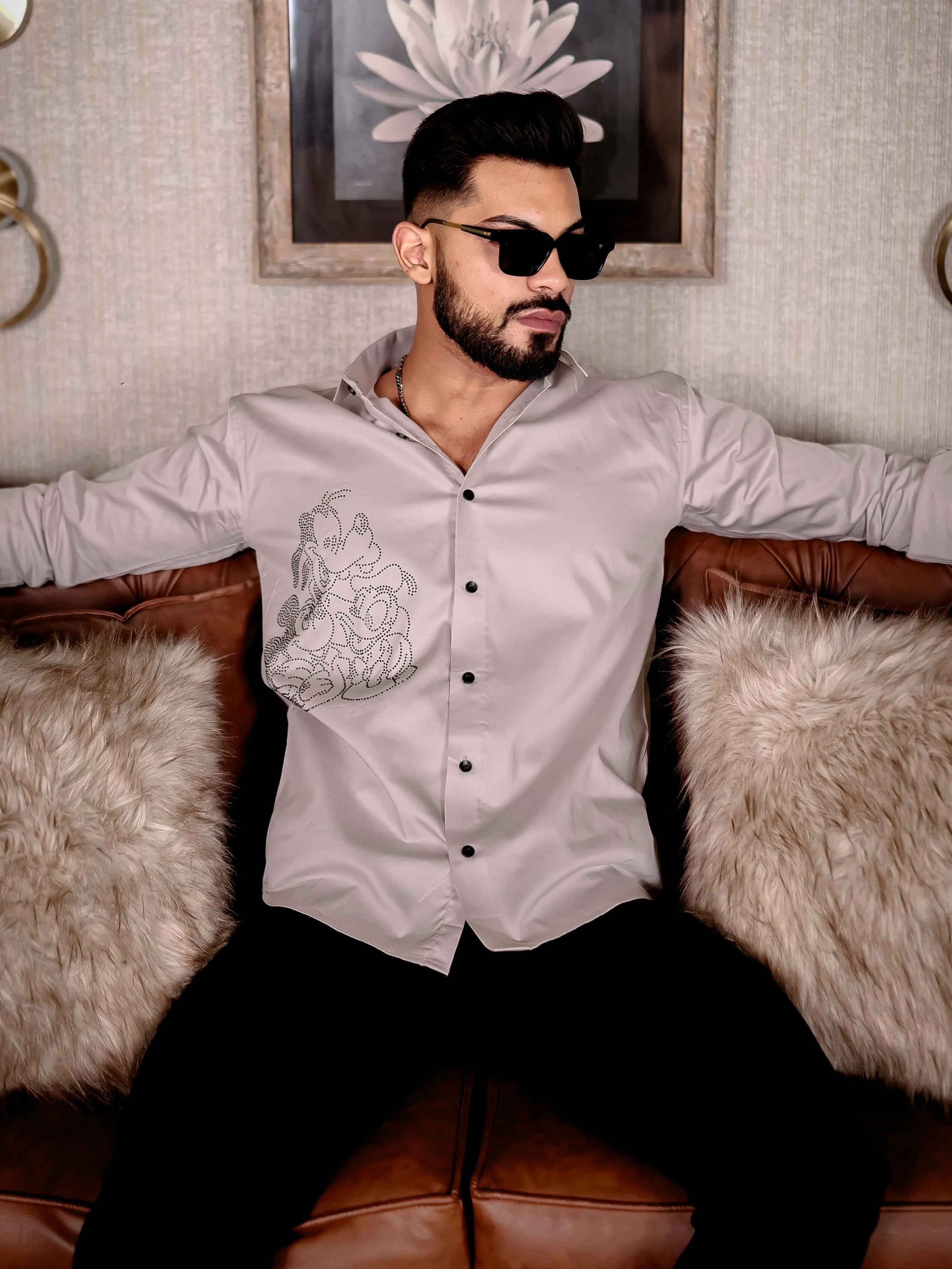 GREY STARRY BEADED SATIN COTTON PREMIUM PARTY SHIRT - Image 4