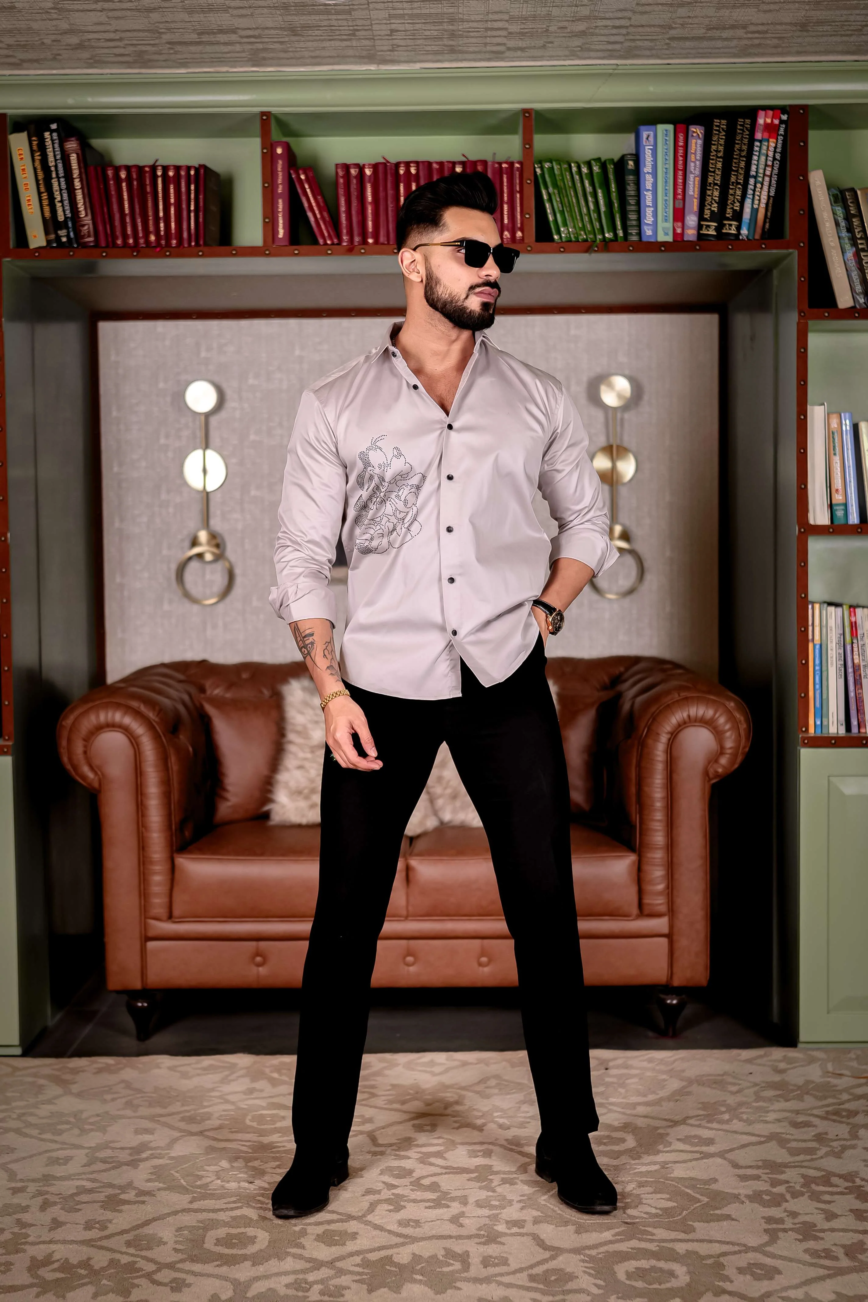 GREY STARRY BEADED SATIN COTTON PREMIUM PARTY SHIRT - Image 6