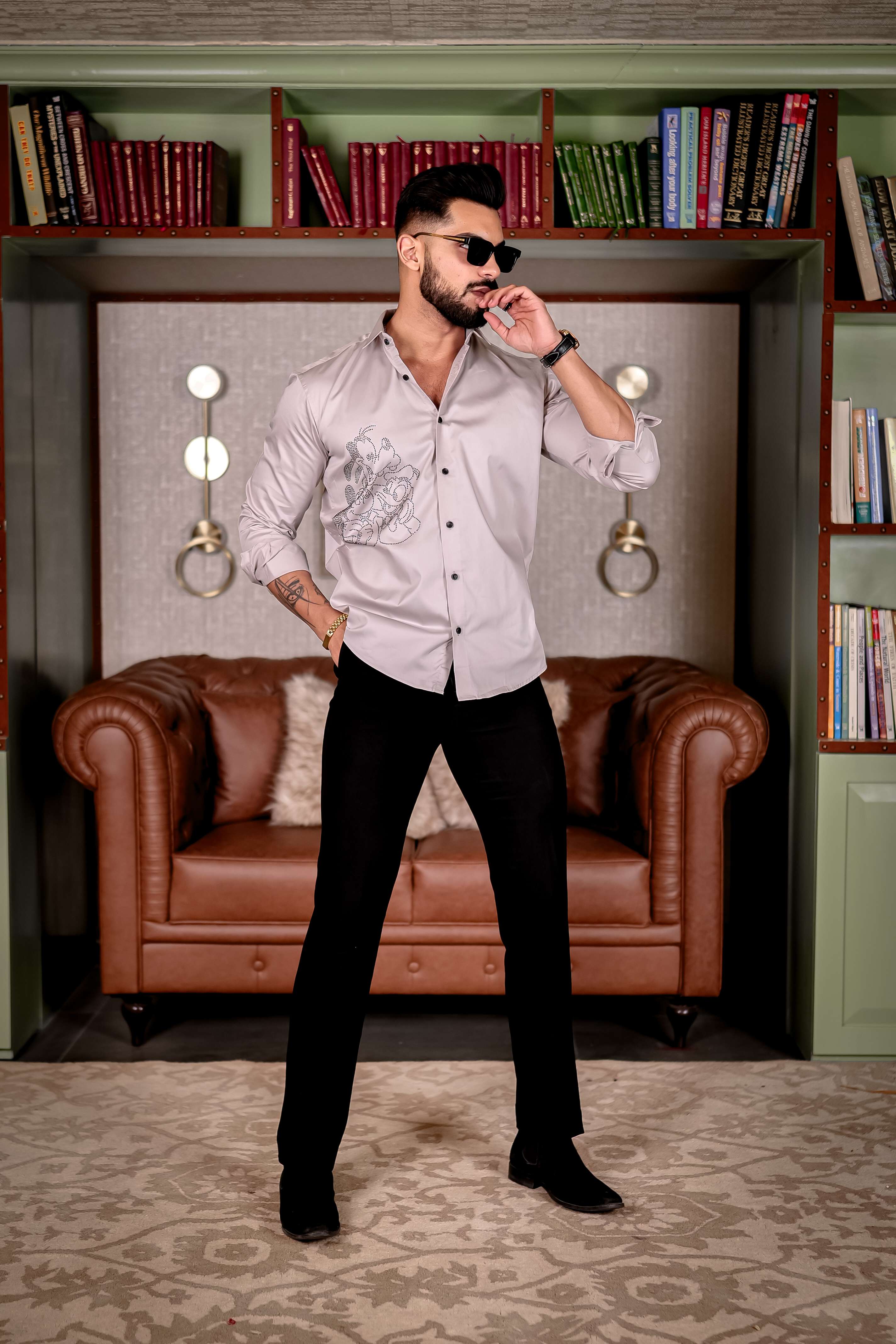 GREY STARRY BEADED SATIN COTTON PREMIUM PARTY SHIRT - Image 7