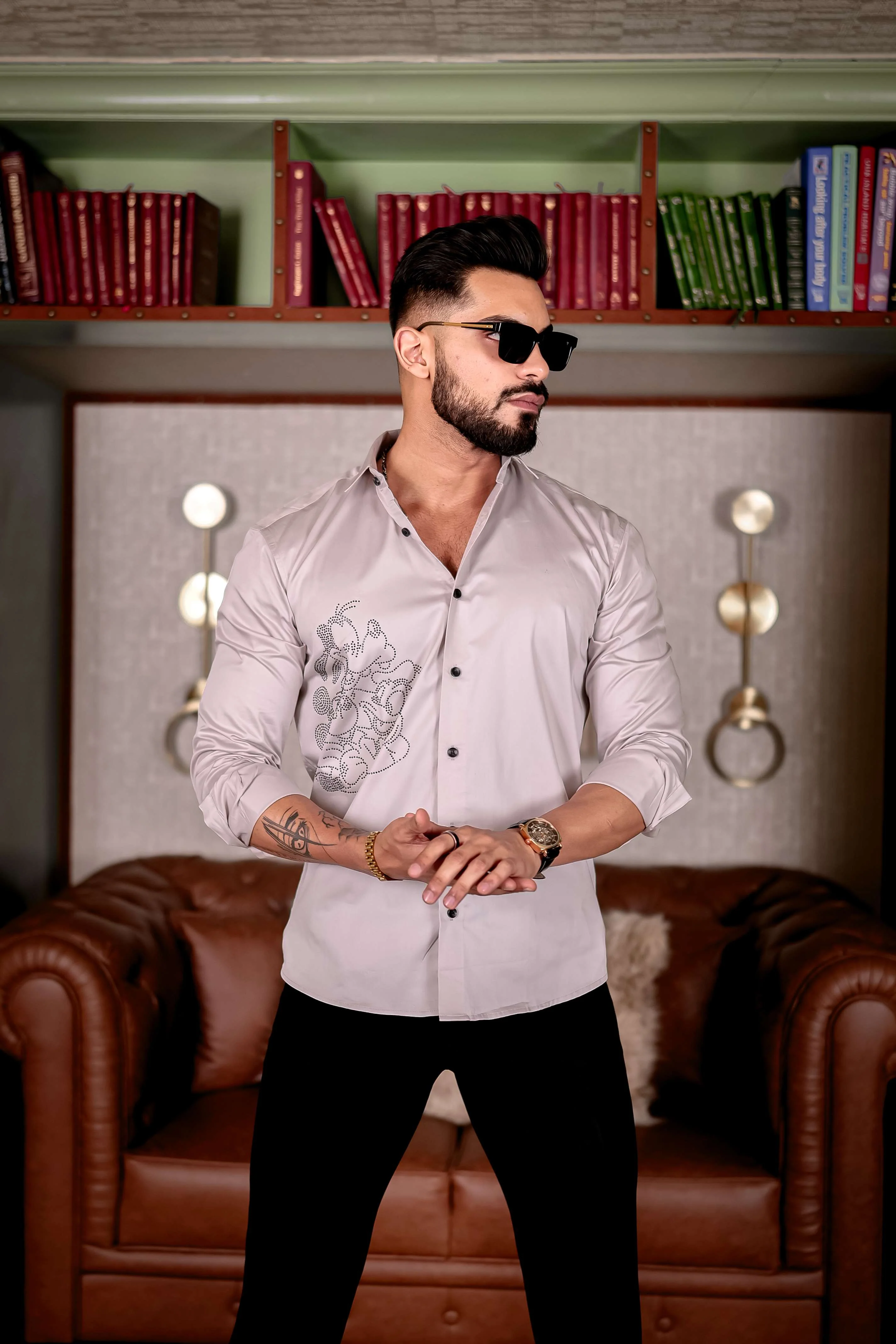 GREY STARRY BEADED SATIN COTTON PREMIUM PARTY SHIRT - Image 8