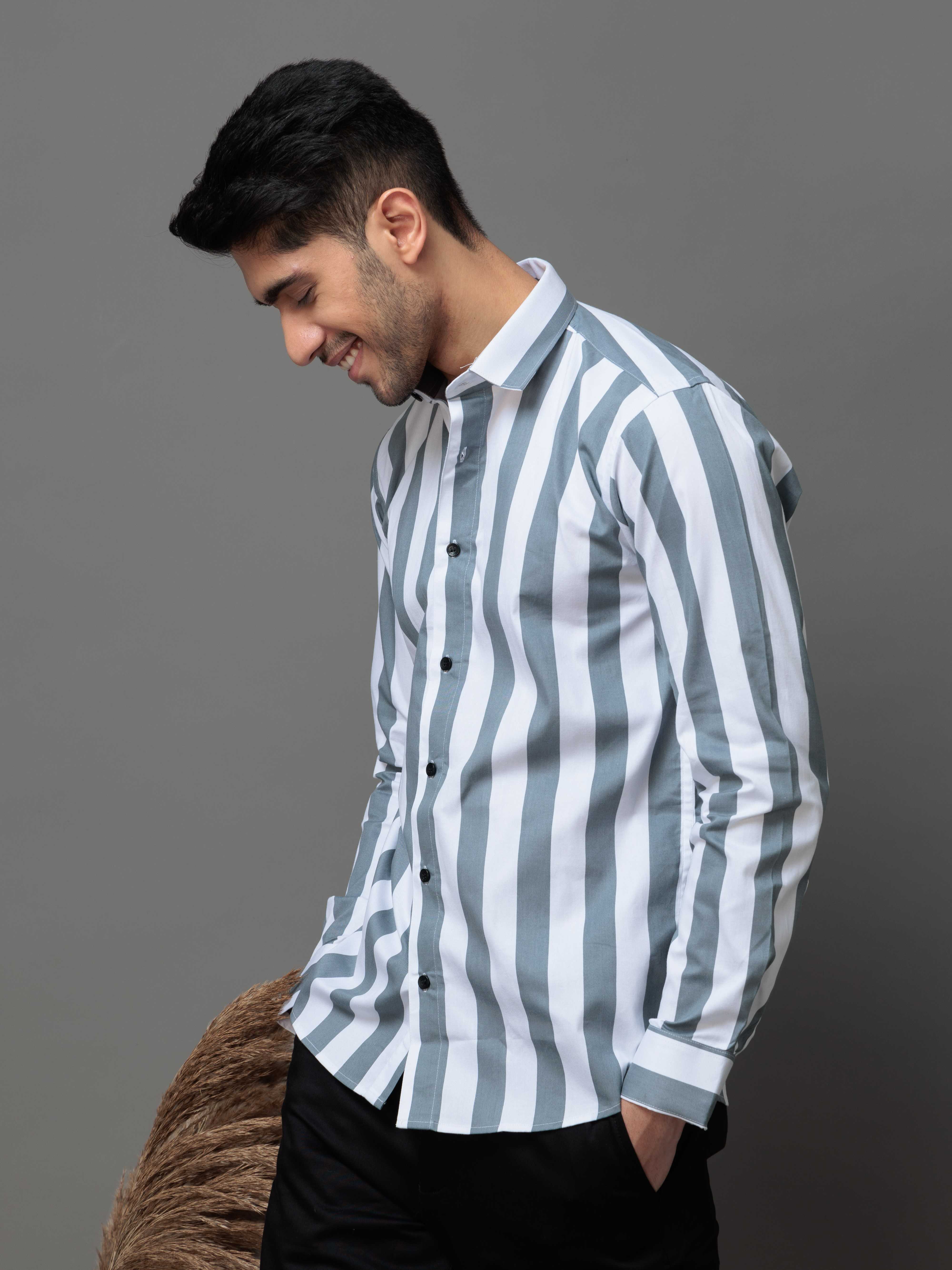 GREY STRIPED COTTON CASUAL SHIRT FOR MEN'S - Image 6