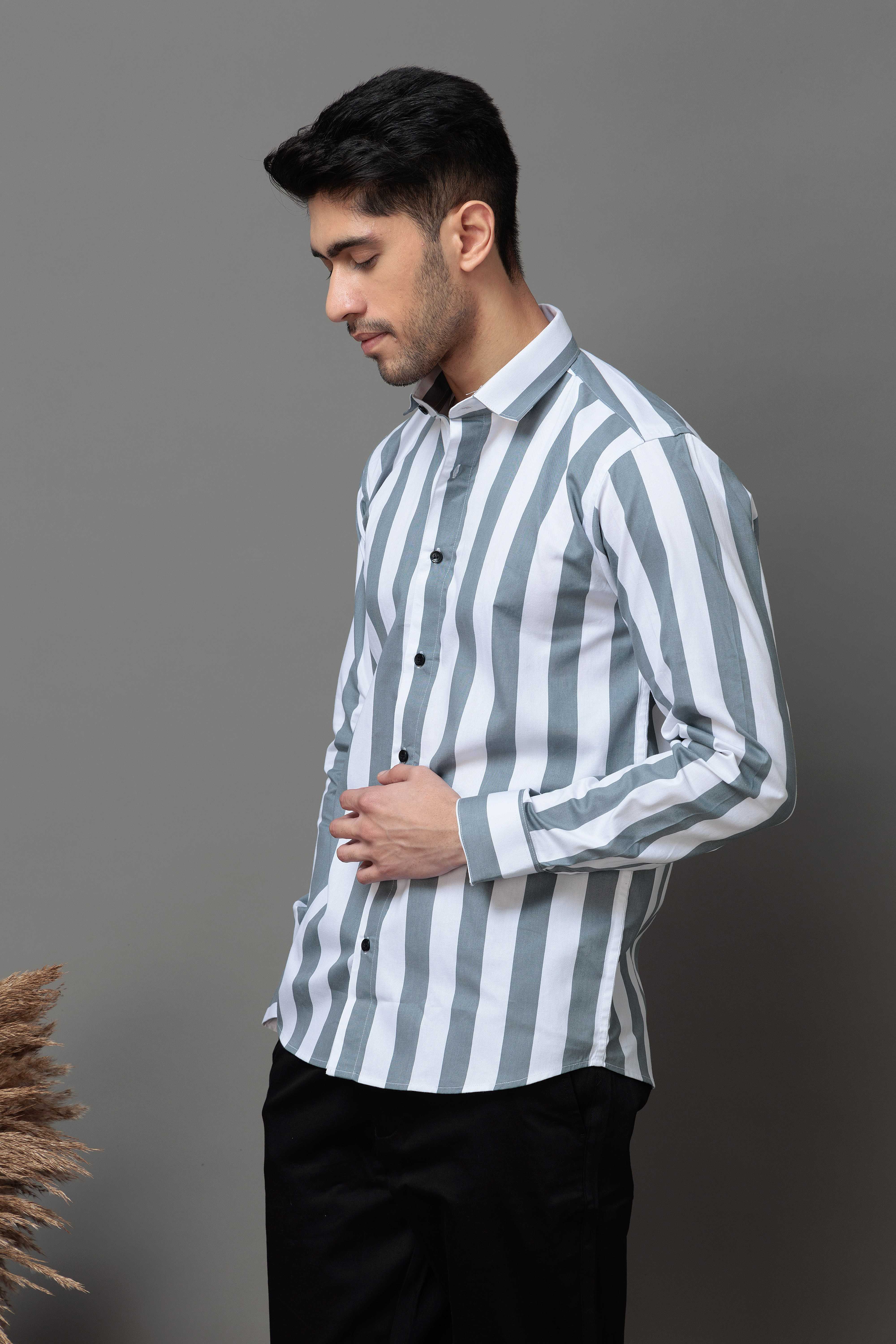 GREY STRIPED COTTON CASUAL SHIRT FOR MEN'S - Image 7