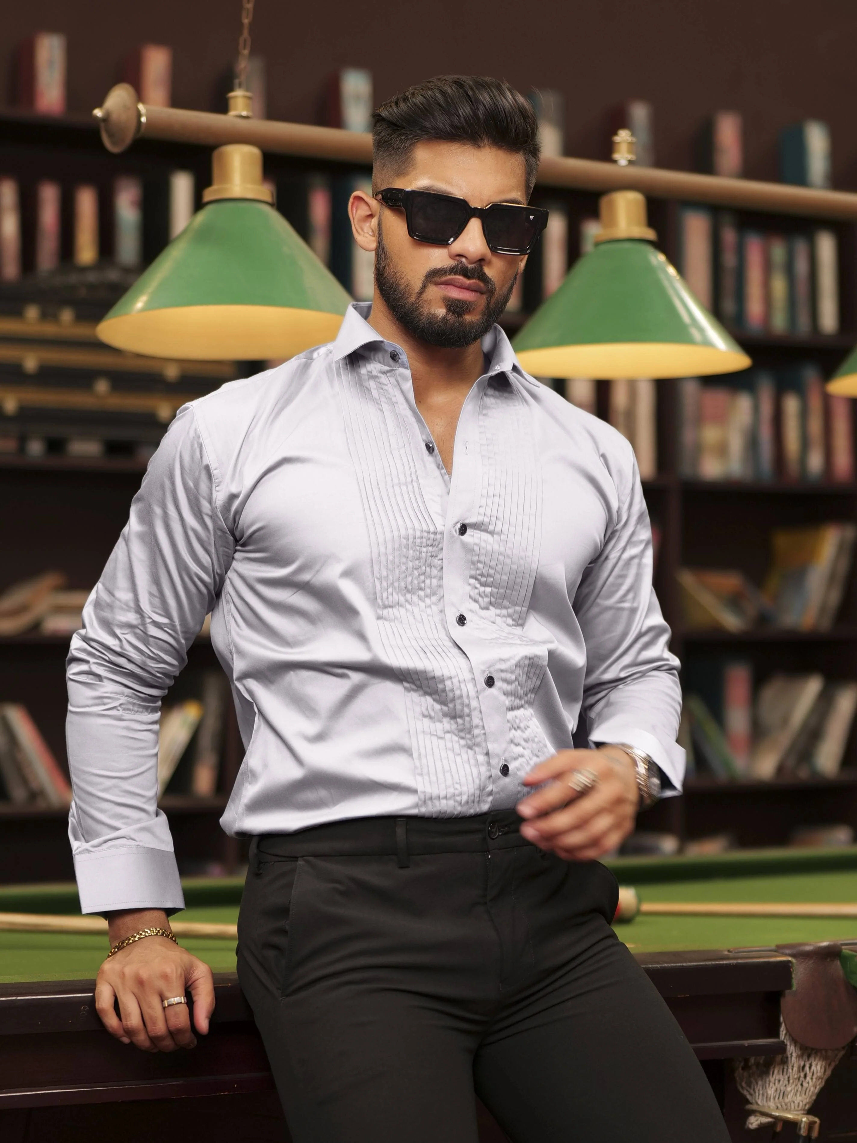 Grey Subtle Sheen Tuxedo Premium Giza Satin Cotton Shirt - Image 5