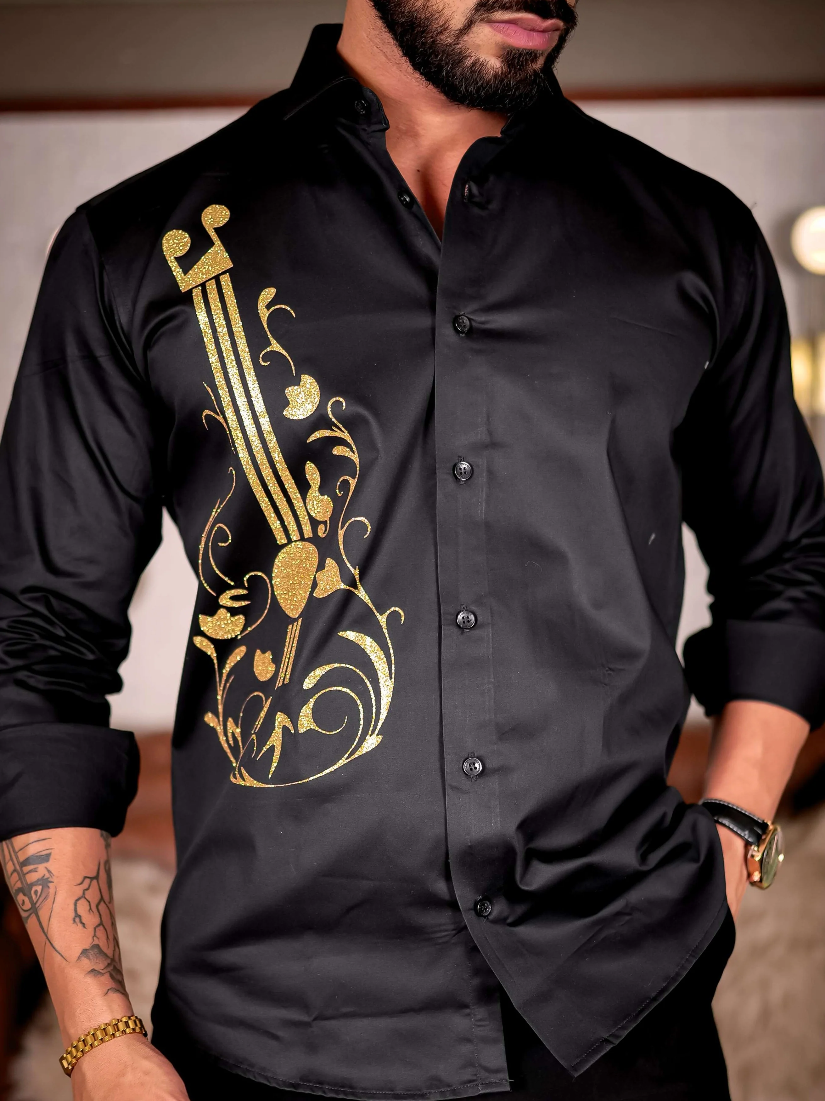 Guitar Black Club Wear Printed Satin Cotton Shirt - Image 2