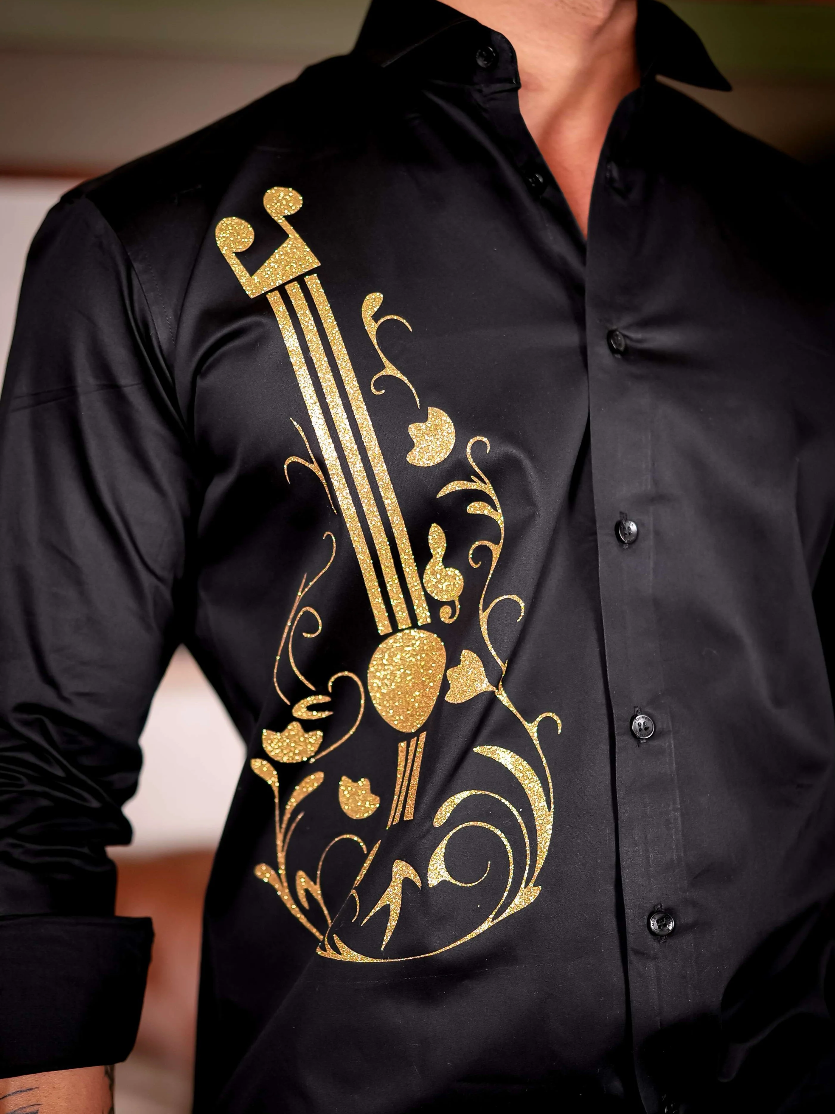 Guitar Black Club Wear Printed Satin Cotton Shirt - Image 4