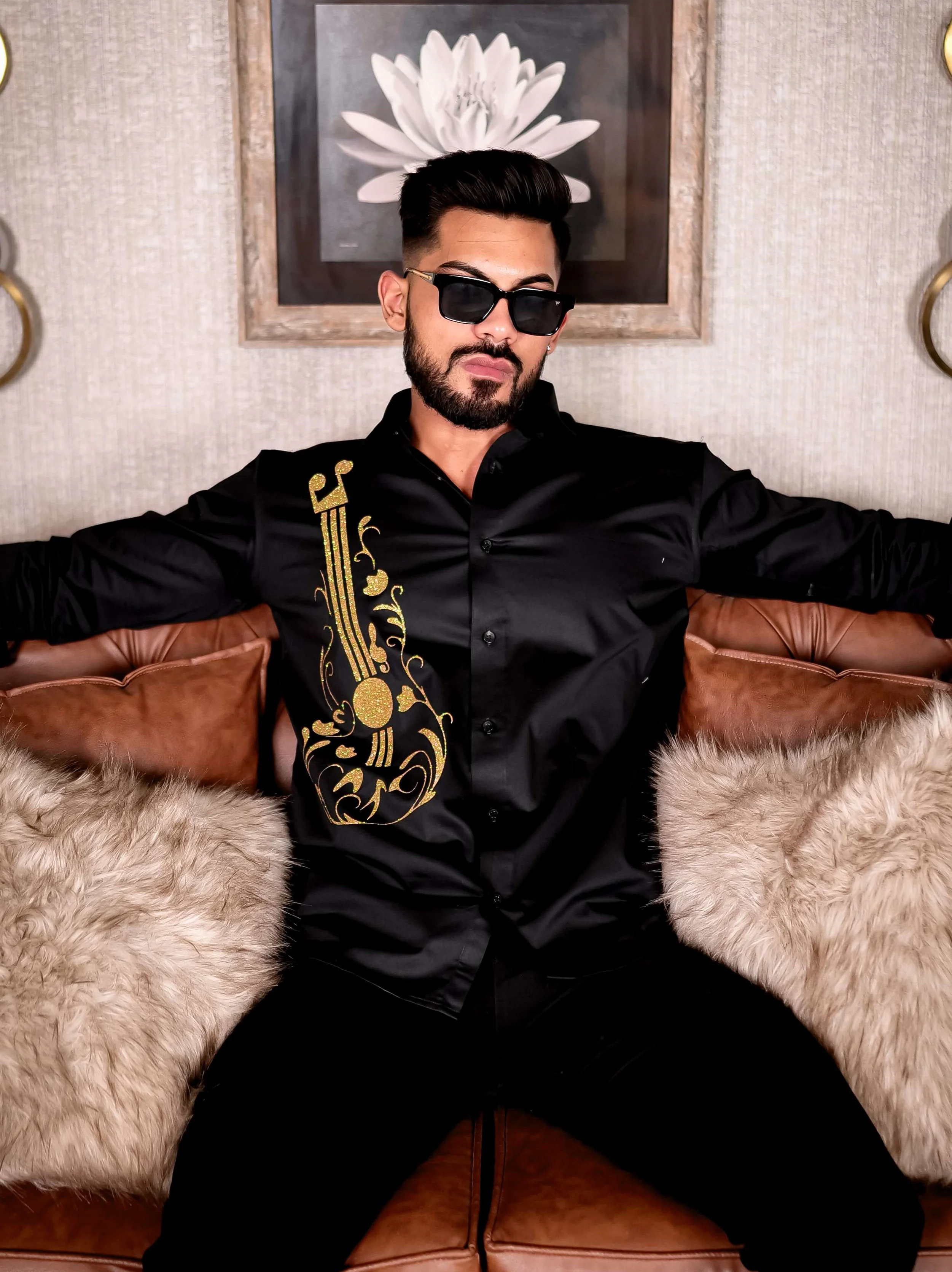 Guitar Black Club Wear Printed Satin Cotton Shirt - Image 5