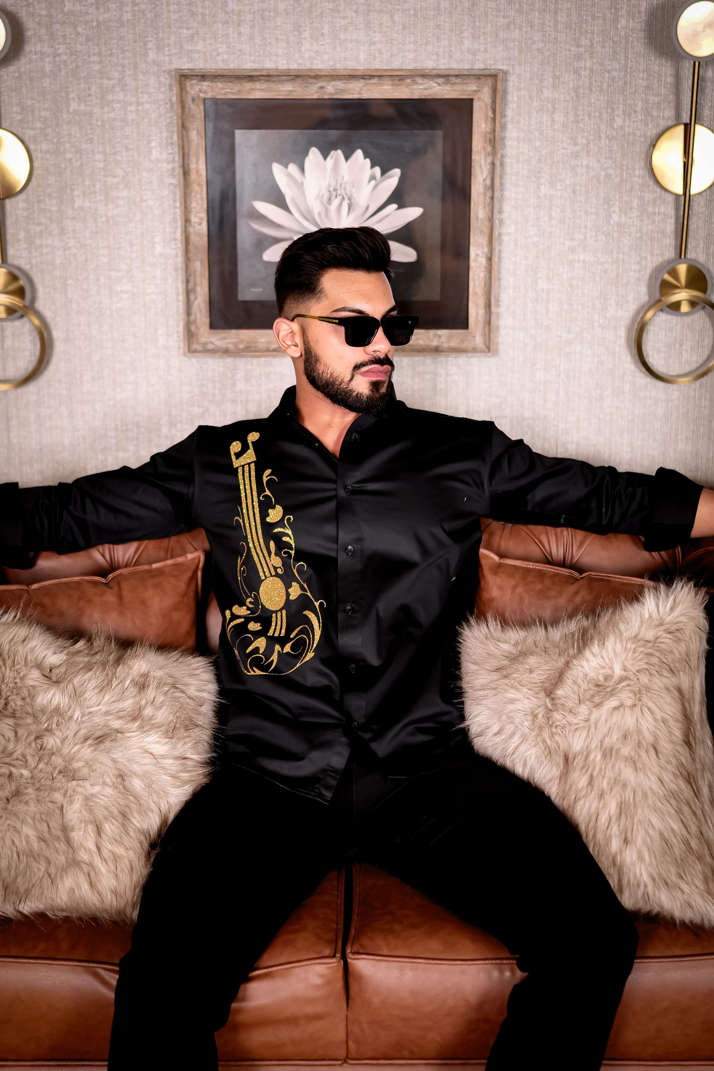Guitar Black Club Wear Printed Satin Cotton Shirt - Image 9