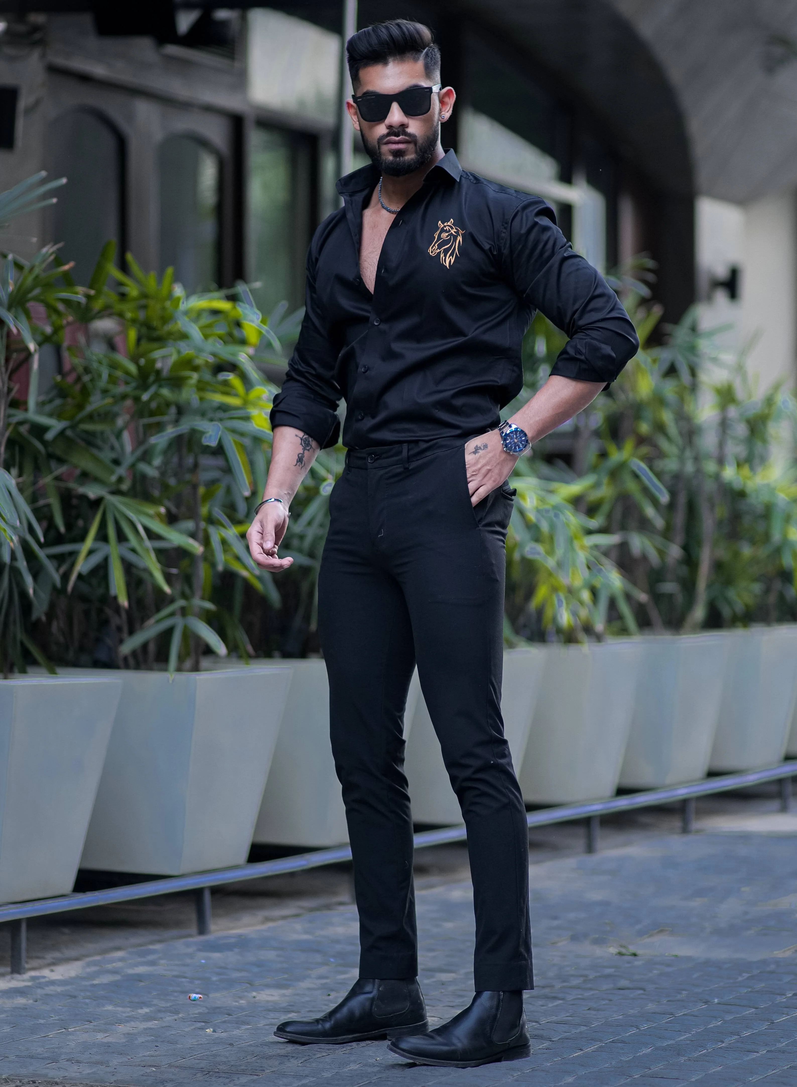 Horse Embroidered Black Luxury Cotton Shirt For Men - Image 3