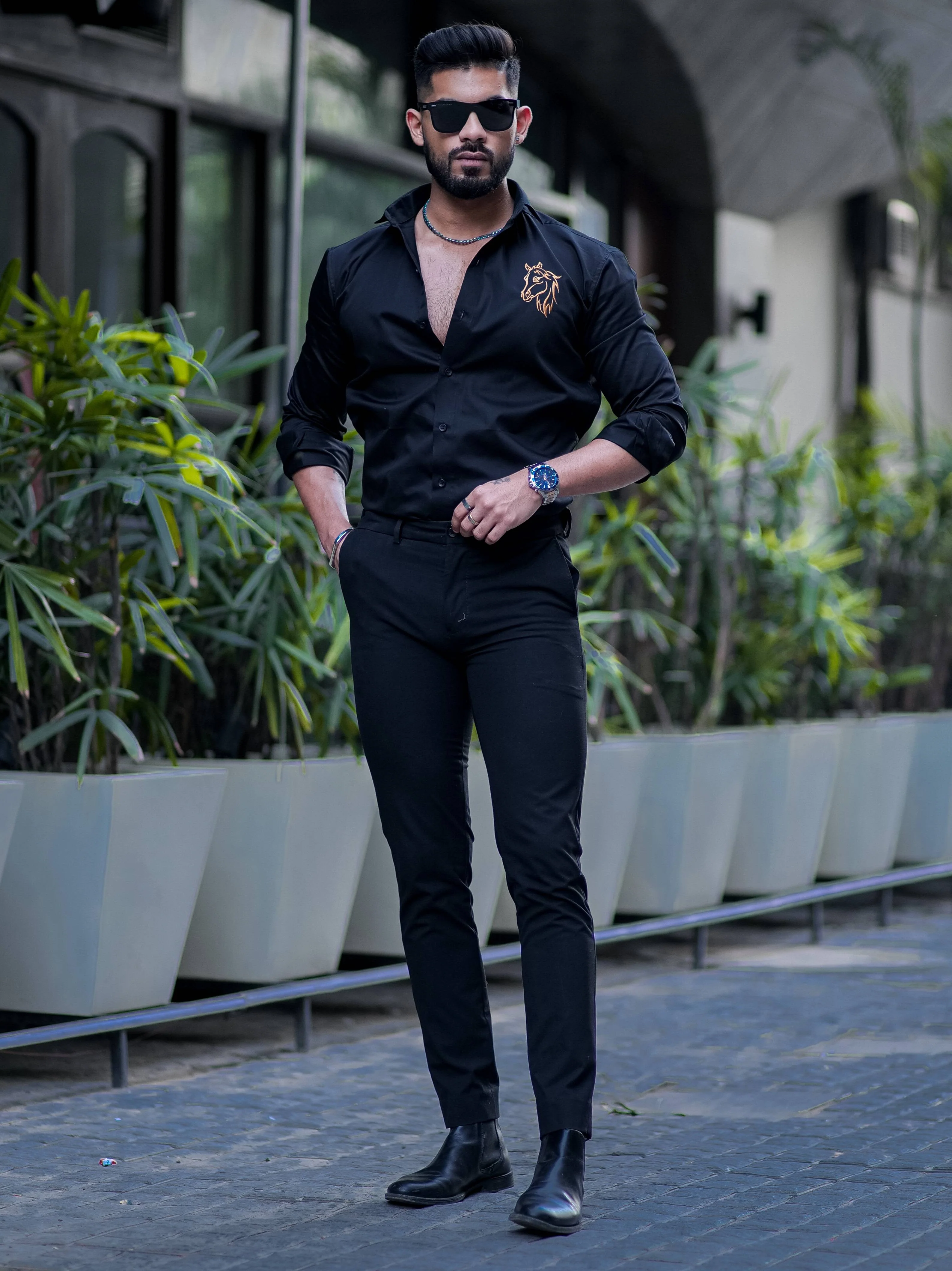 Horse Embroidered Black Luxury Cotton Shirt For Men - Image 5