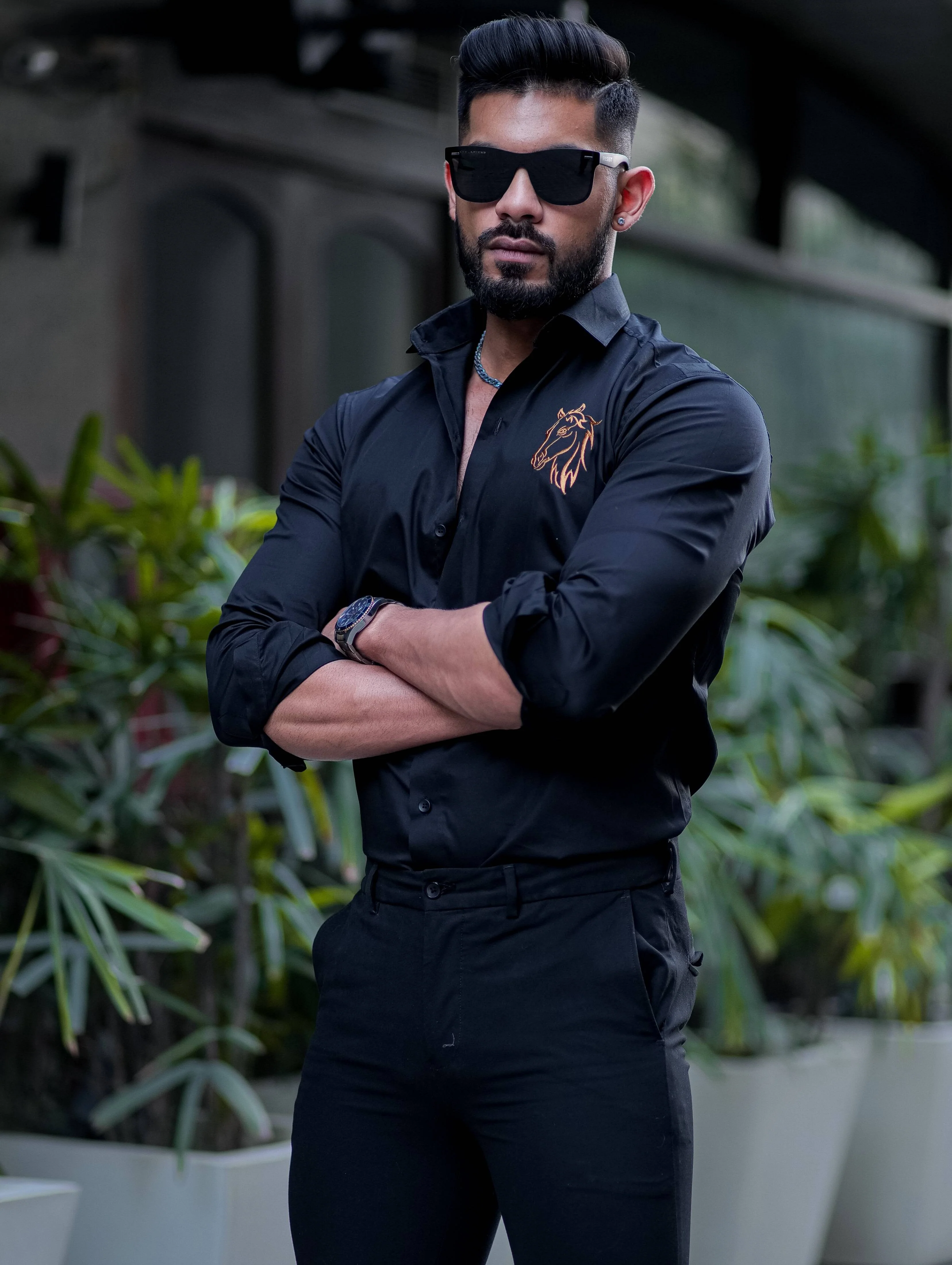 Horse Embroidered Black Luxury Cotton Shirt For Men - Image 8