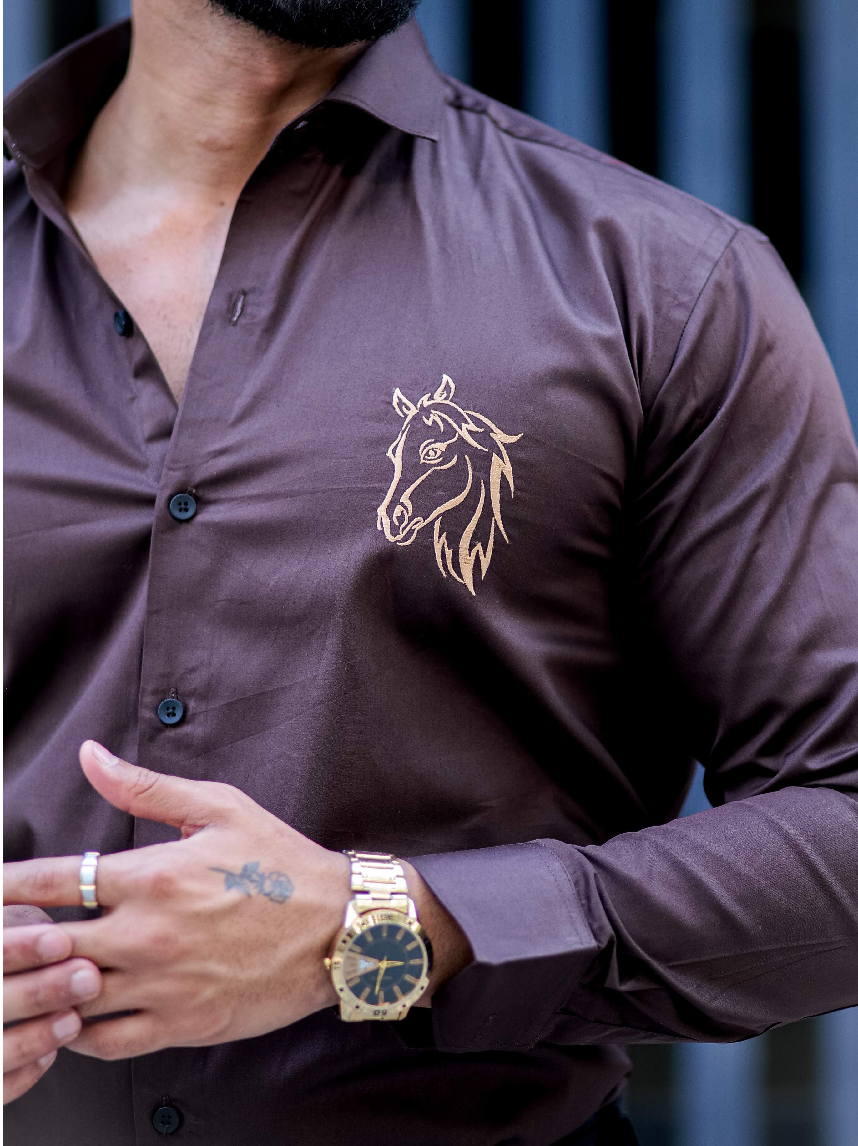 Horse Embroidered Brown Premium Cotton Shirt For Men - Image 2