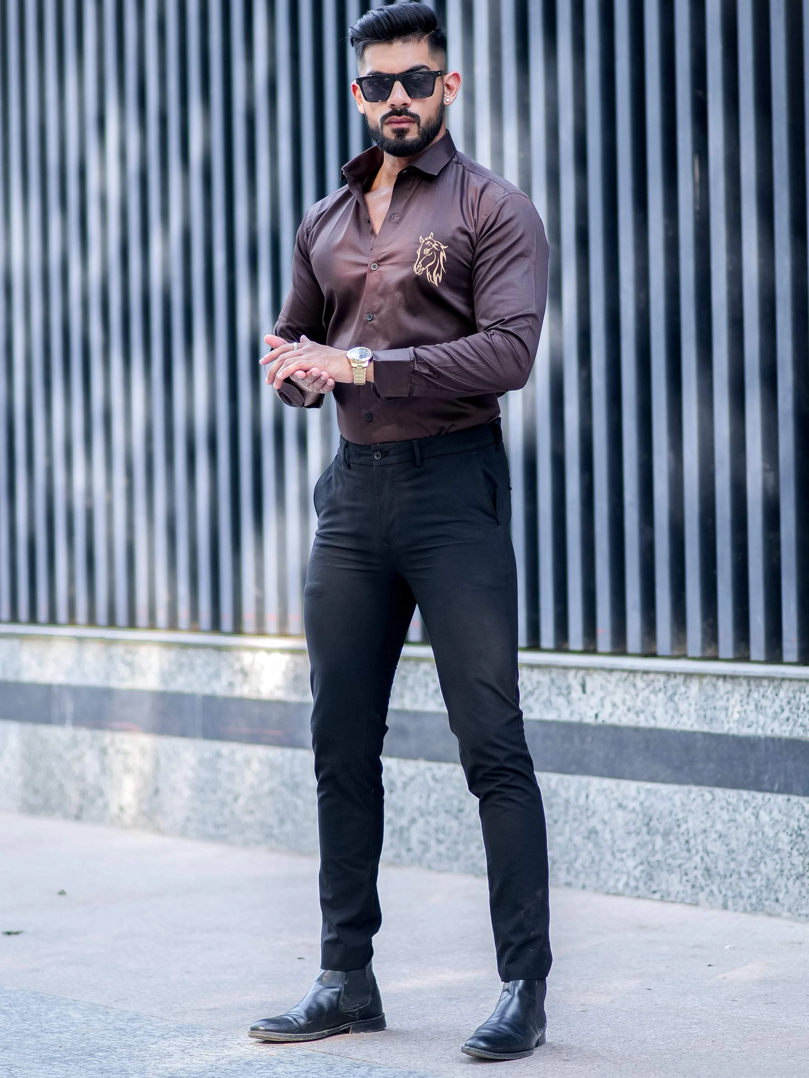 Horse Embroidered Brown Premium Cotton Shirt For Men - Image 3