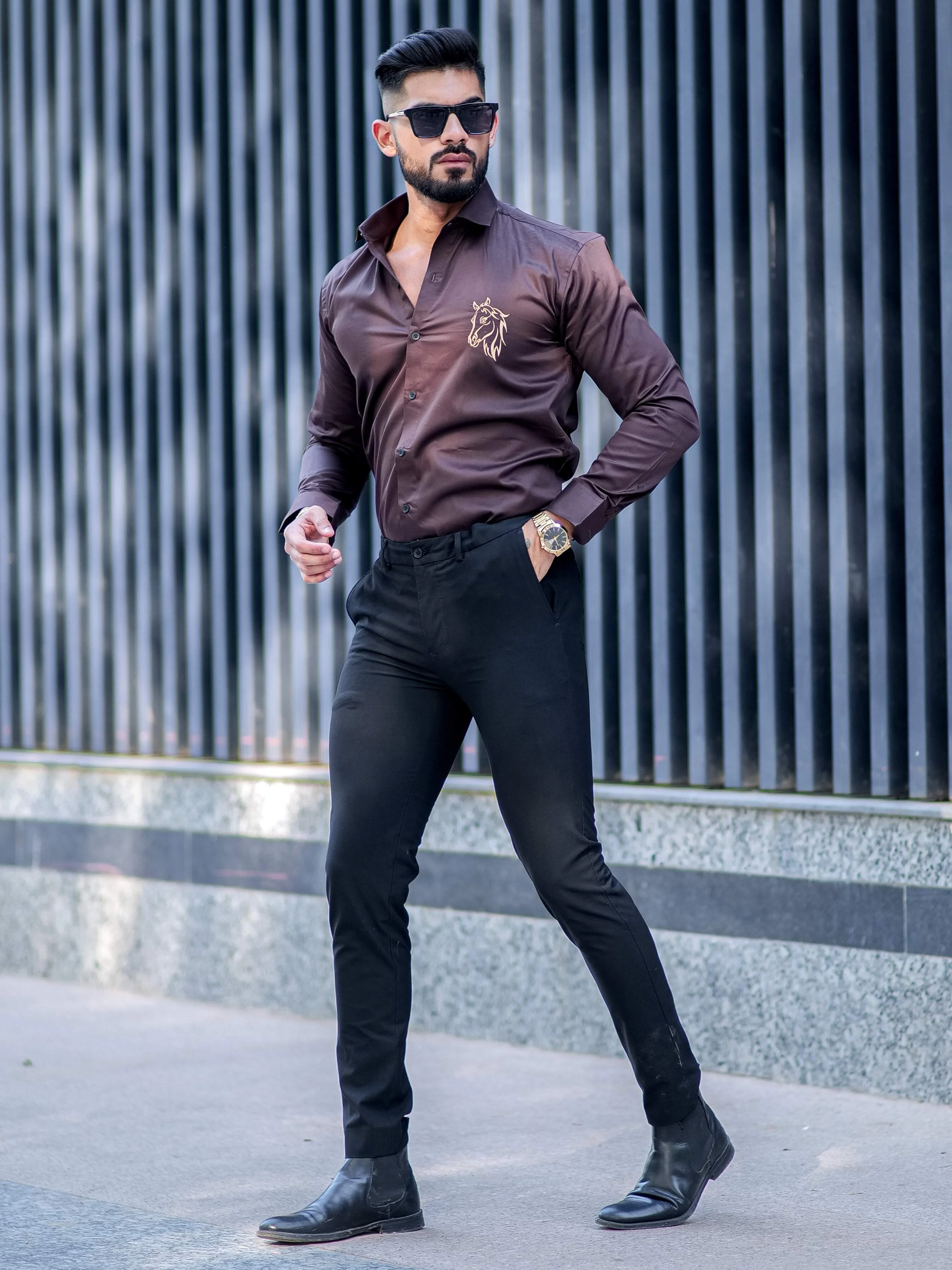 Horse Embroidered Brown Premium Cotton Shirt For Men - Image 5