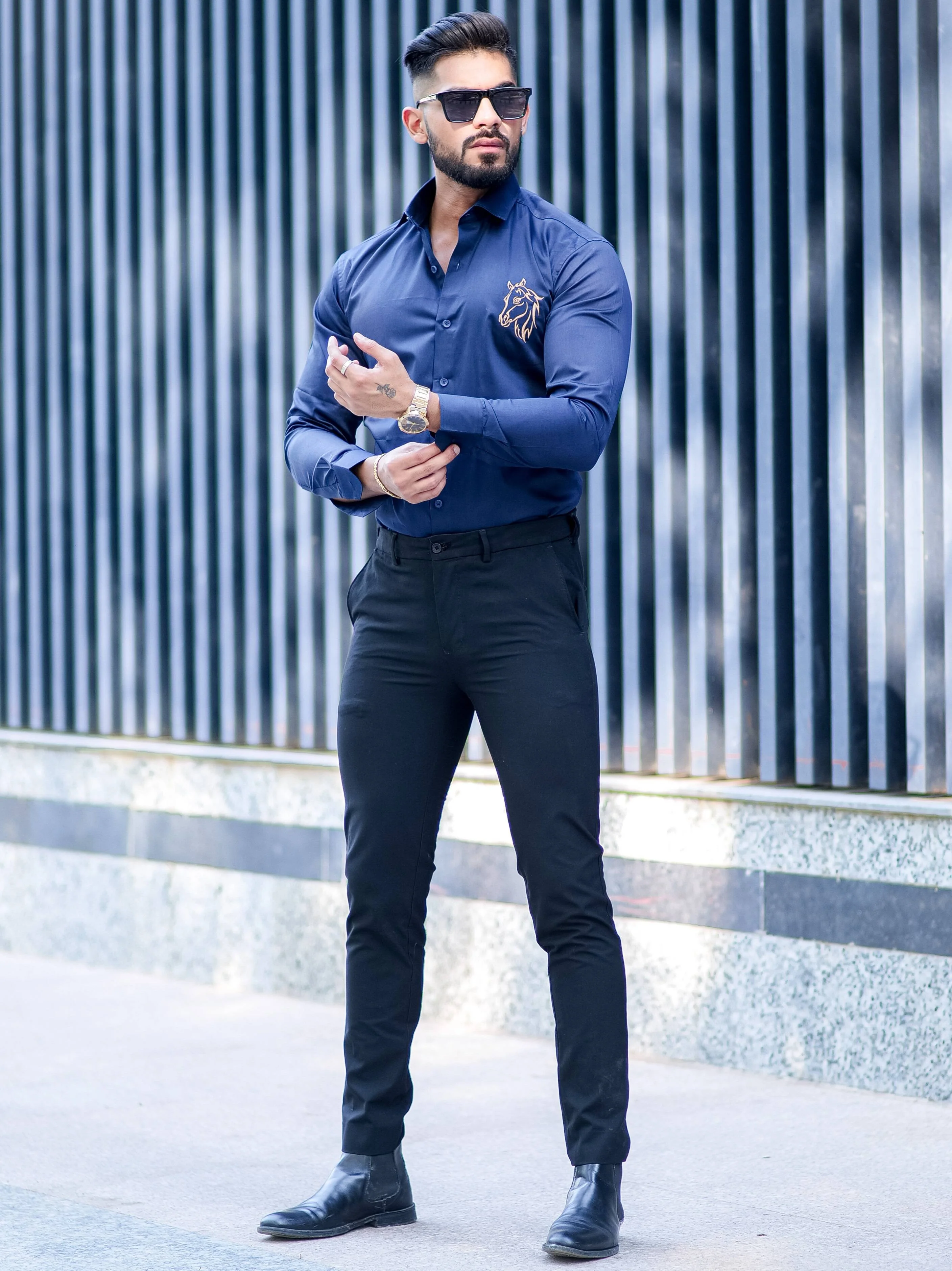 Horse Embroidered Navy Blue Premium Cotton Shirt - Image 5