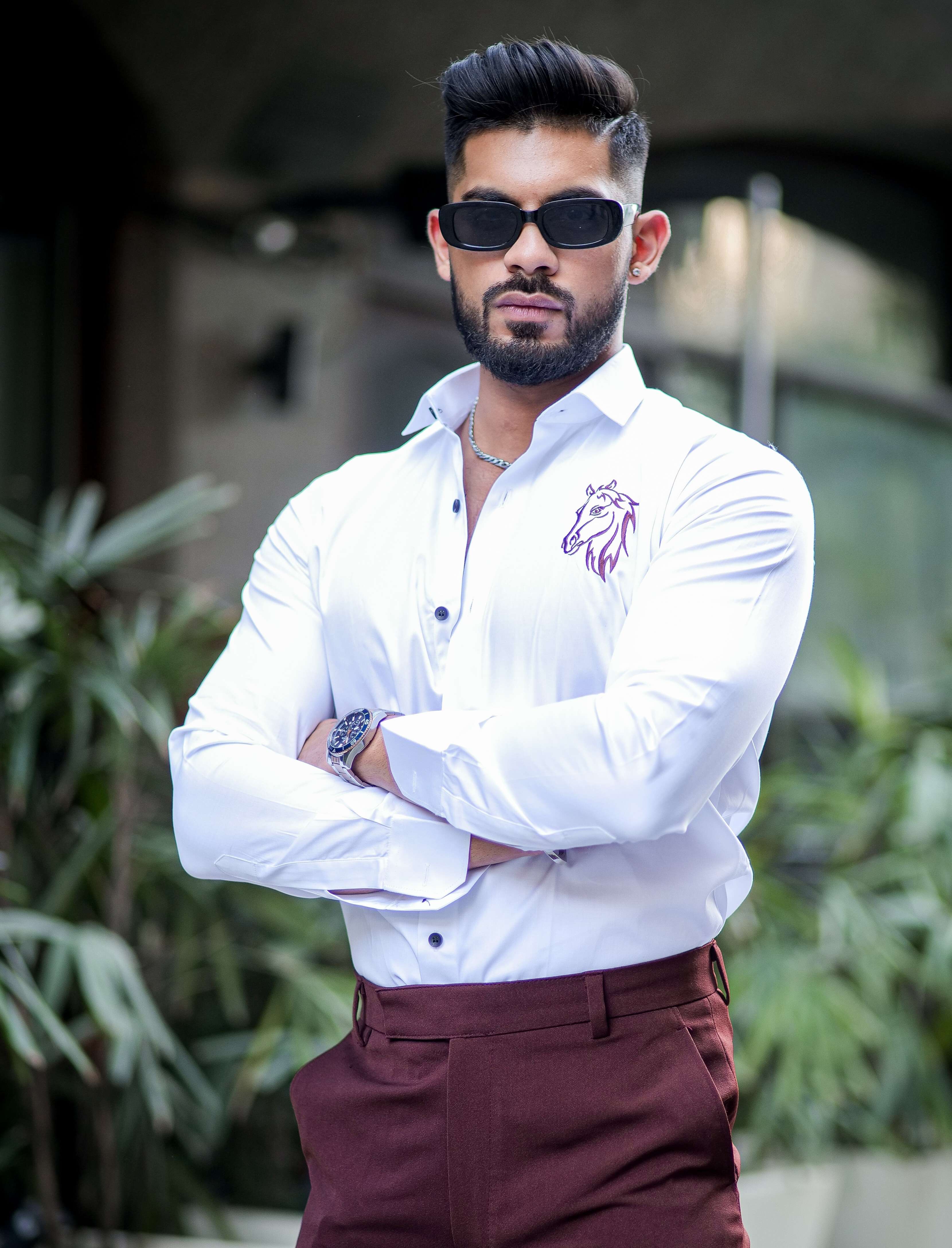 Horse Embroidered White Luxury Cotton Shirt - Image 6