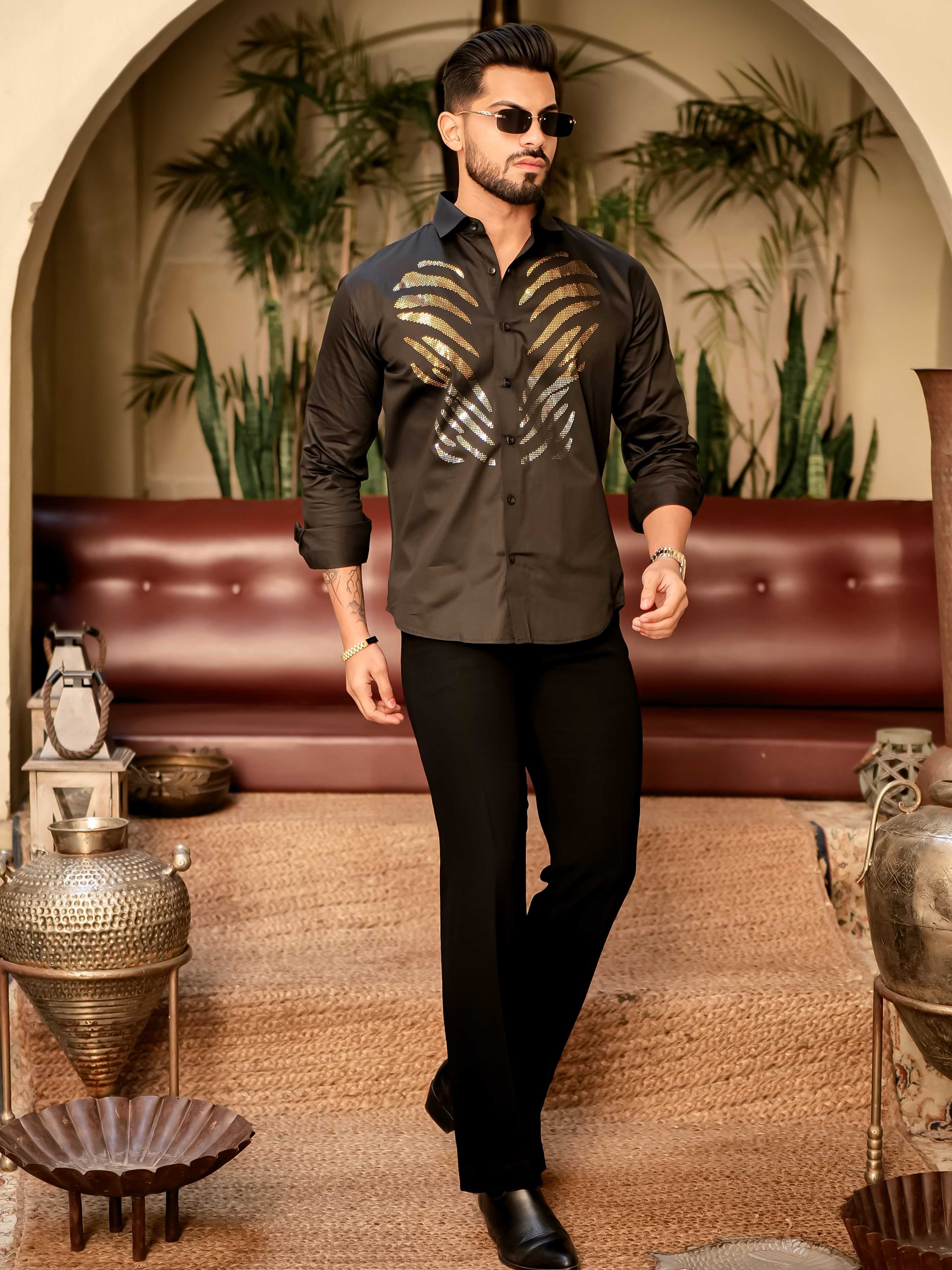 Hot Black Sequence Club Wear Satin Cotton Party Shirt - Image 10
