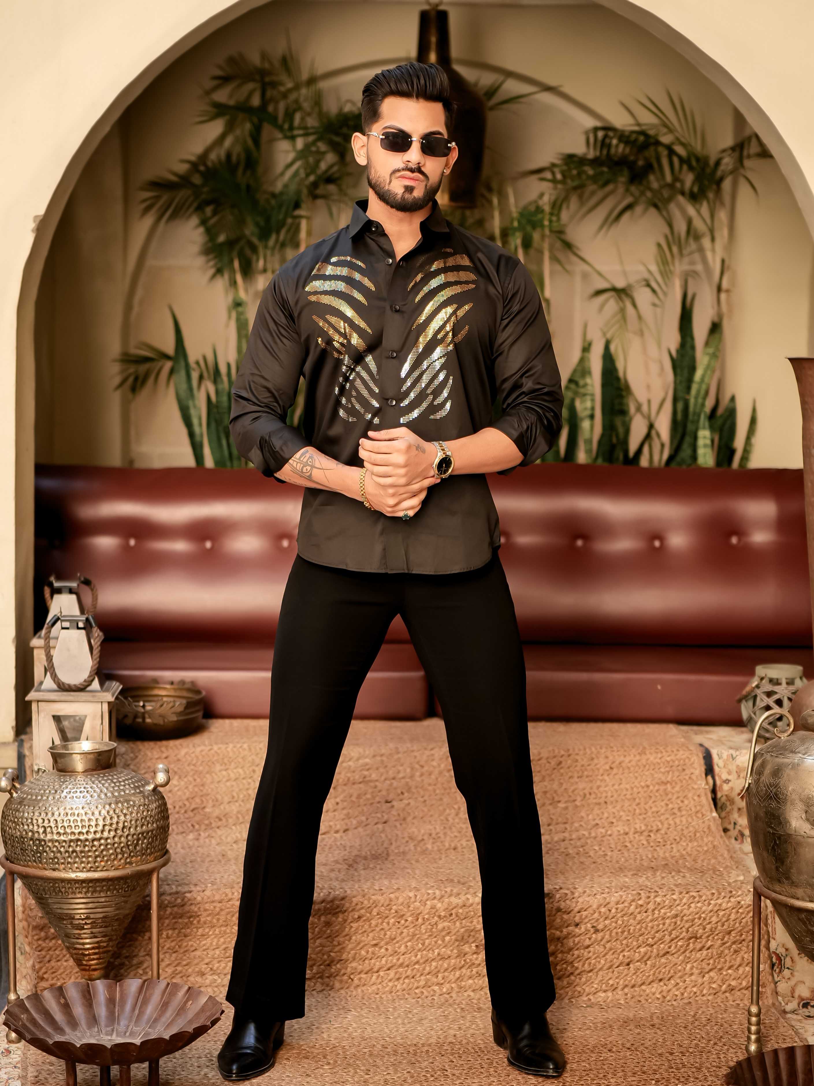 Hot Black Sequence Club Wear Satin Cotton Party Shirt - Image 6