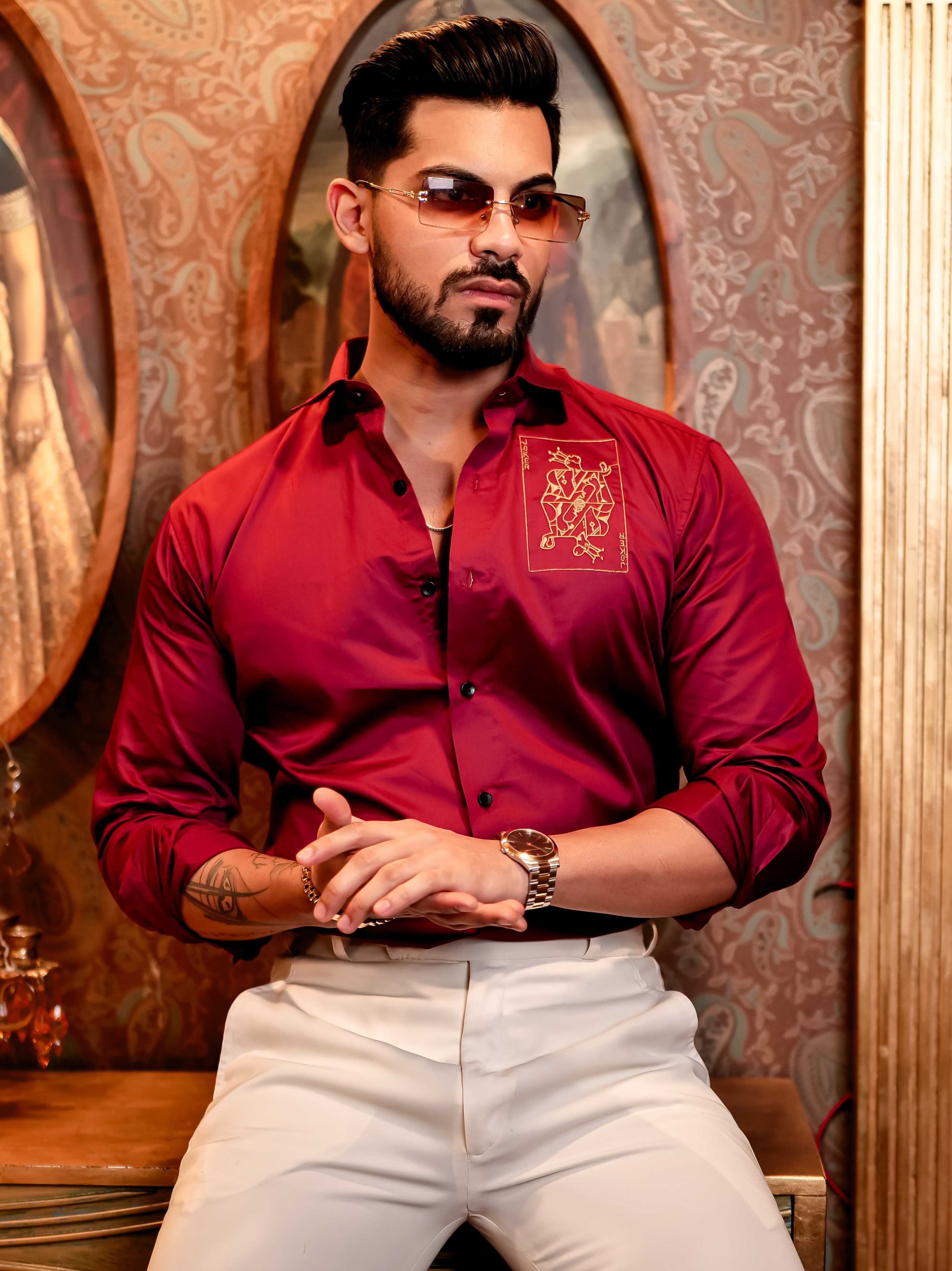 Joker Maroon Embroidered Club Wear Satin Cotton Shirt - Image 3