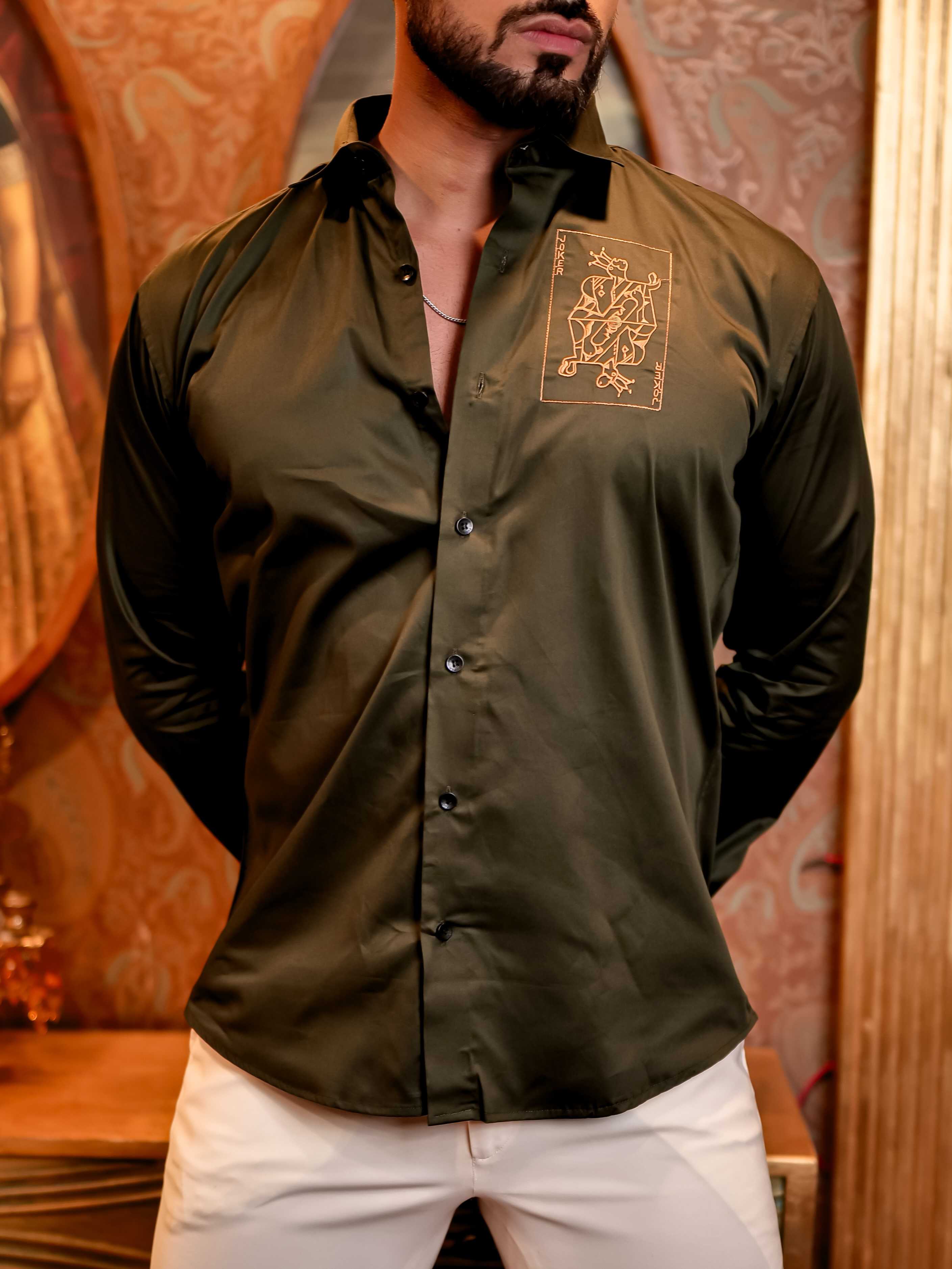 Joker Olive Green Embroidered Club Wear Satin Cotton Shirt - Image 7
