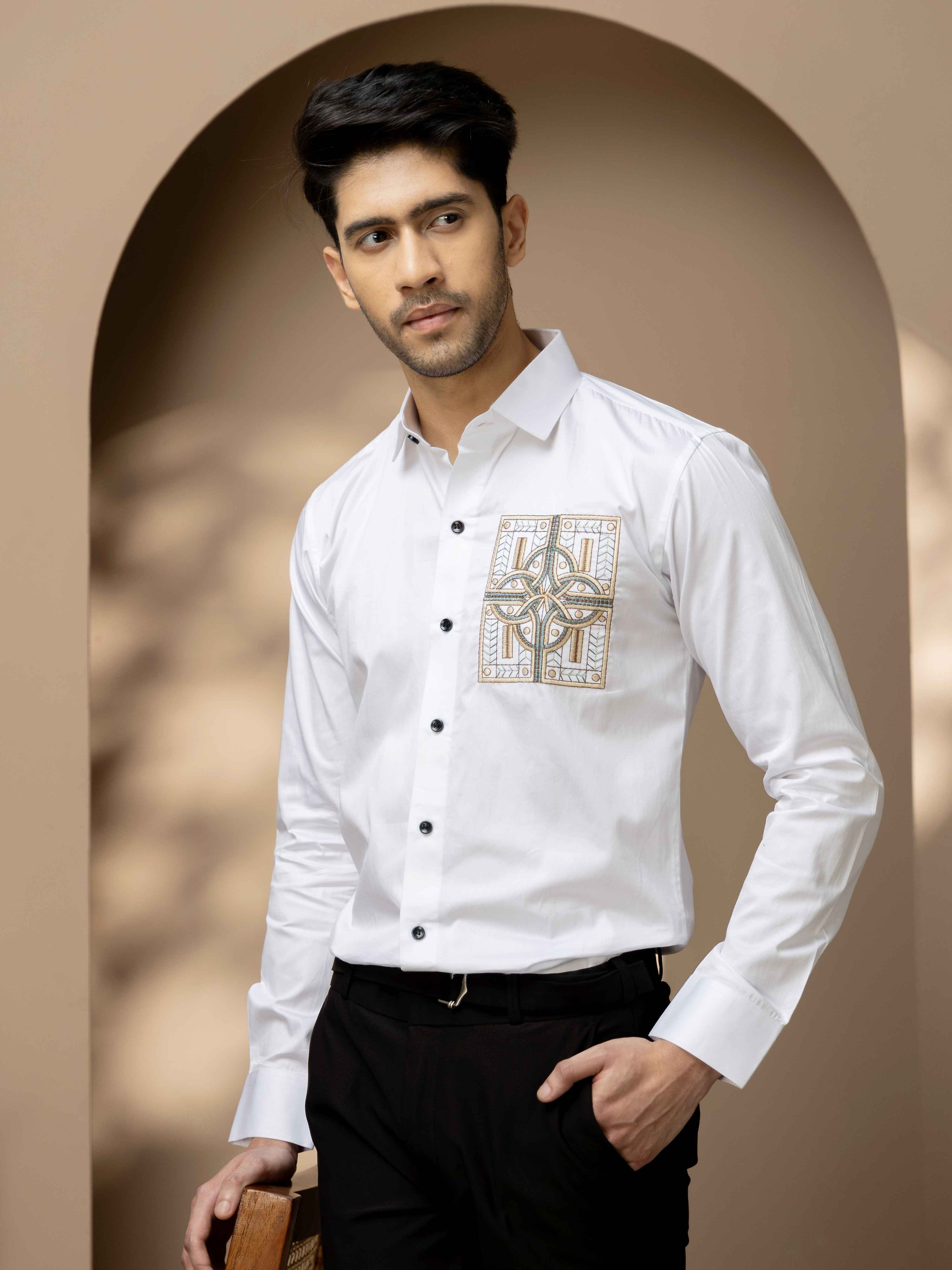 FOOMER WHITE GOLDEN EMBROIDERED CLUB WEAR SATIN COTTON SHIRT - Image 3