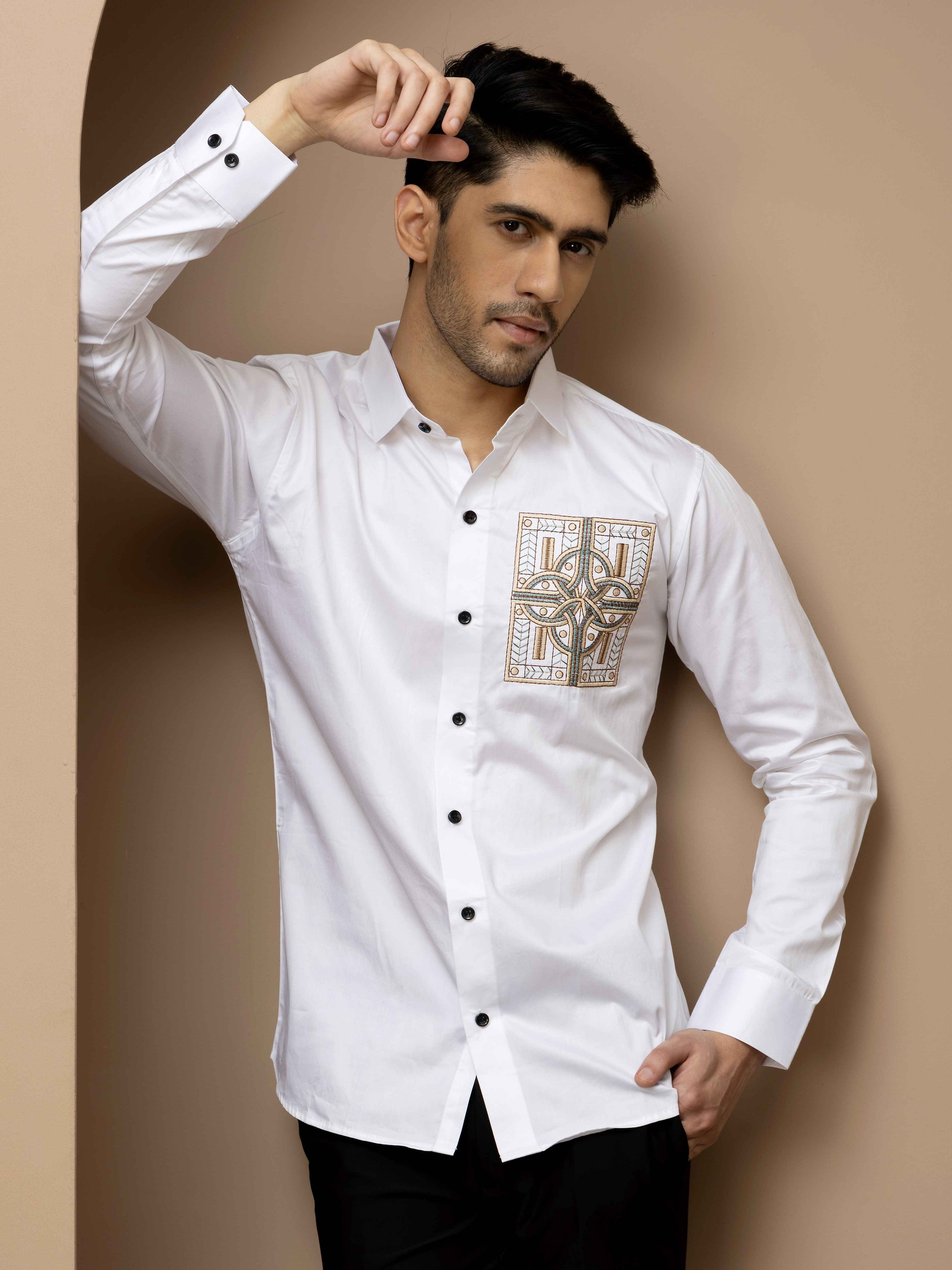 FOOMER WHITE GOLDEN EMBROIDERED CLUB WEAR SATIN COTTON SHIRT - Image 4