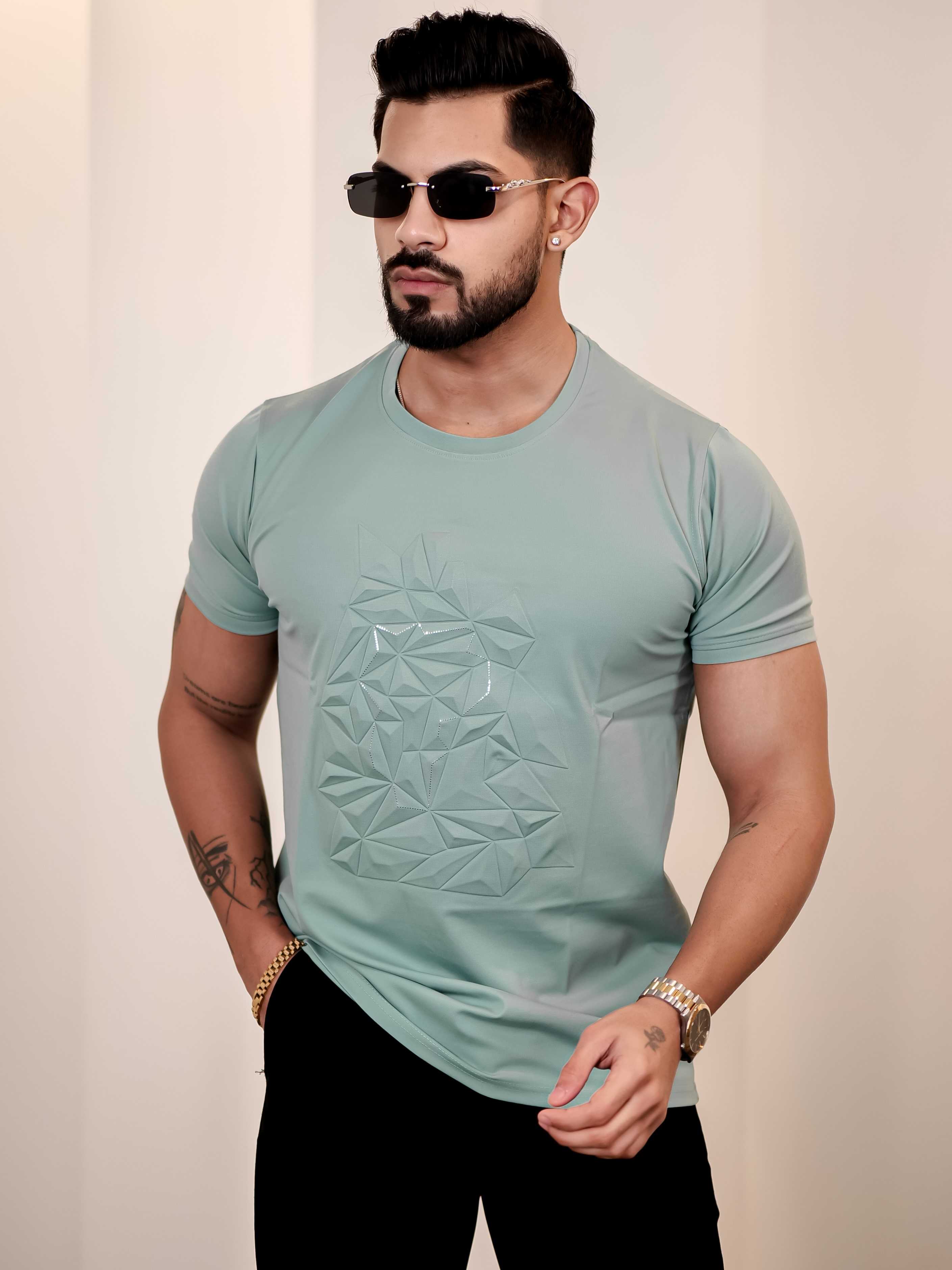 Light Green Round Neck Imported Cotton Half Sleeve Premium Designer T-Shirt - Image 3