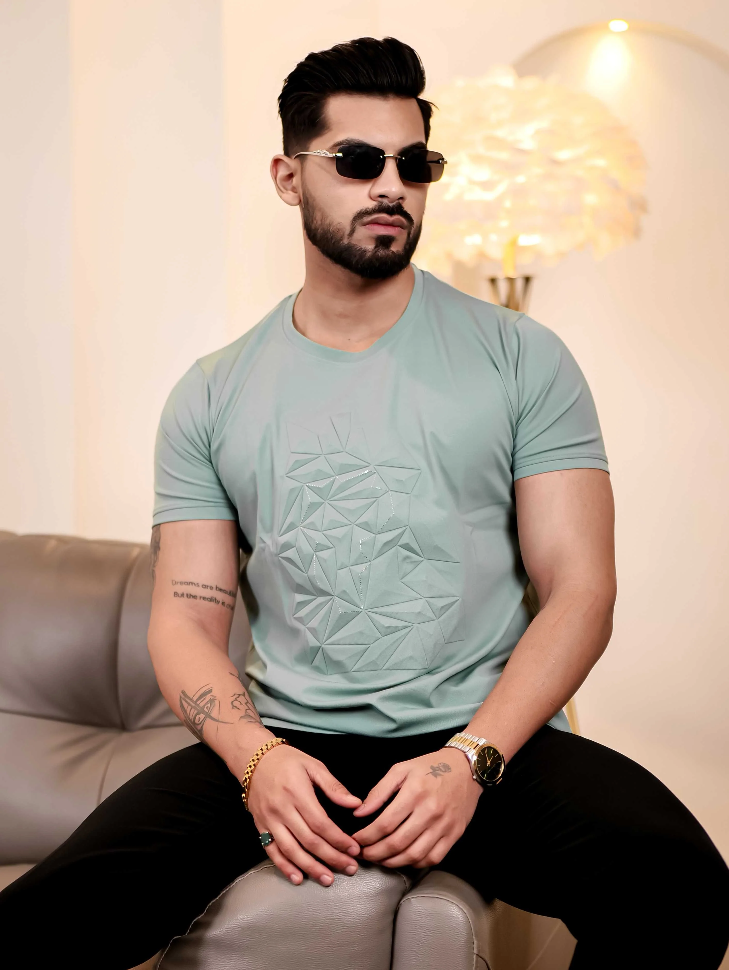 Light Green Round Neck Imported Cotton Half Sleeve Premium Designer T-Shirt - Image 5