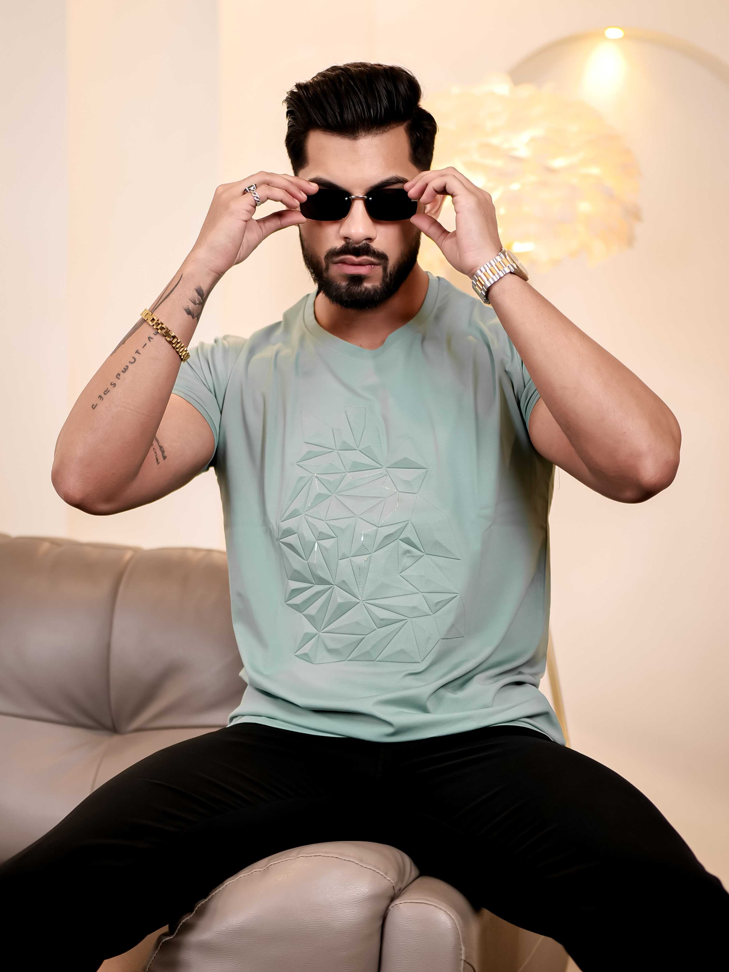 Light Green Round Neck Imported Cotton Half Sleeve Premium Designer T-Shirt - Image 6