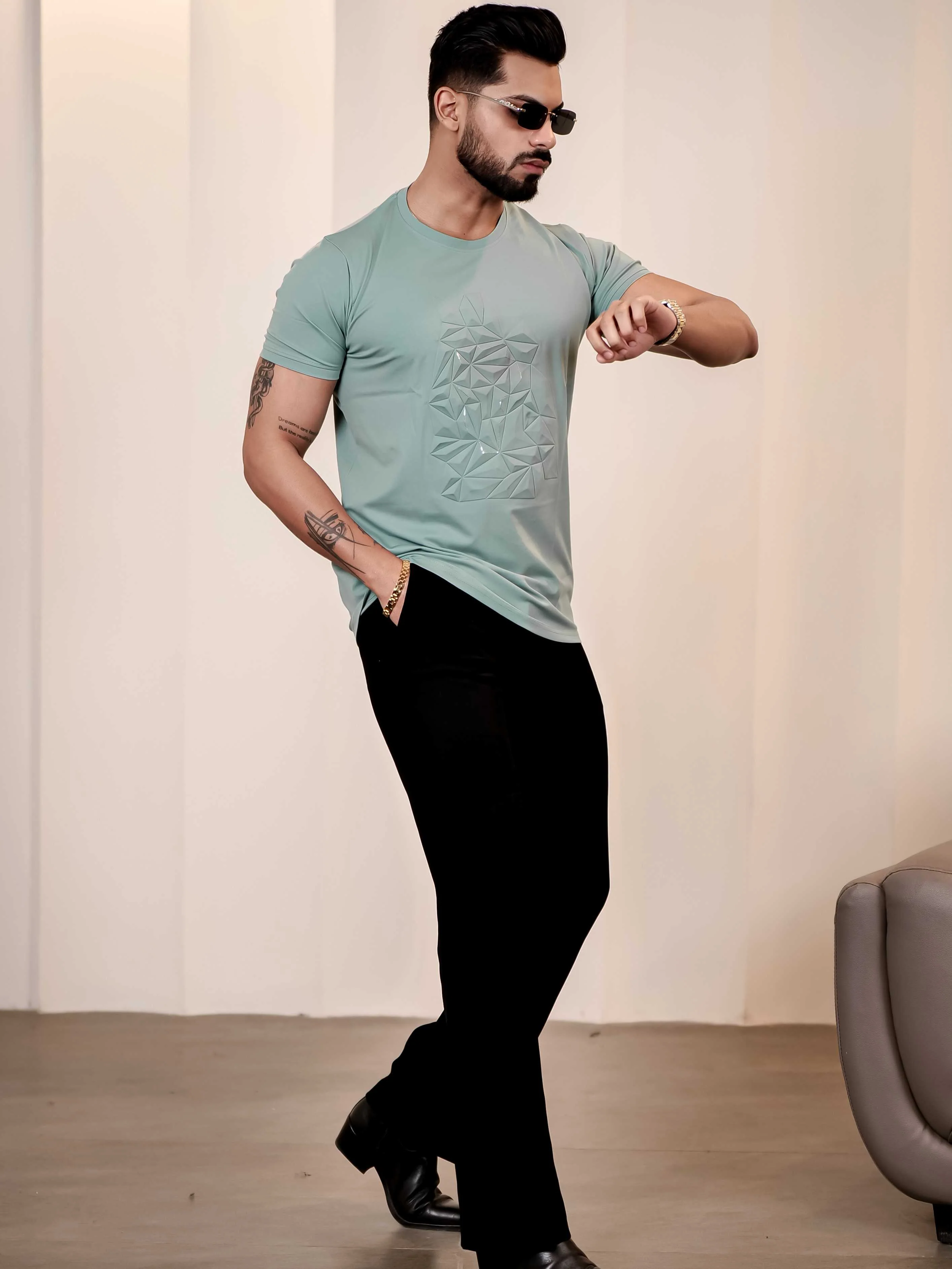 Light Green Round Neck Imported Cotton Half Sleeve Premium Designer T-Shirt - Image 8