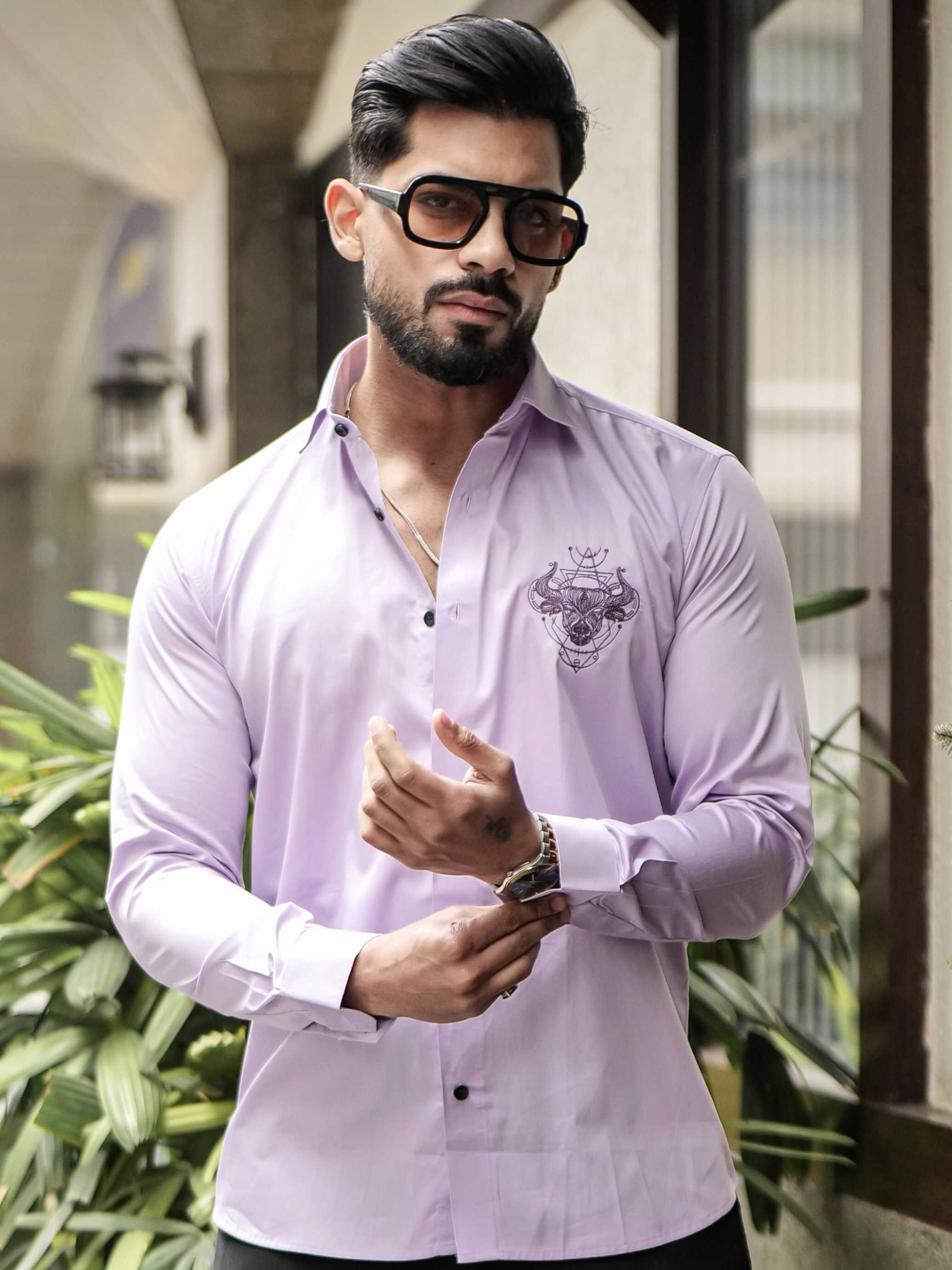 LIGHT PURPLE EMBROIDERED DESIGNER SATIN COTTON SHIRT FOR MEN'S - Image 5