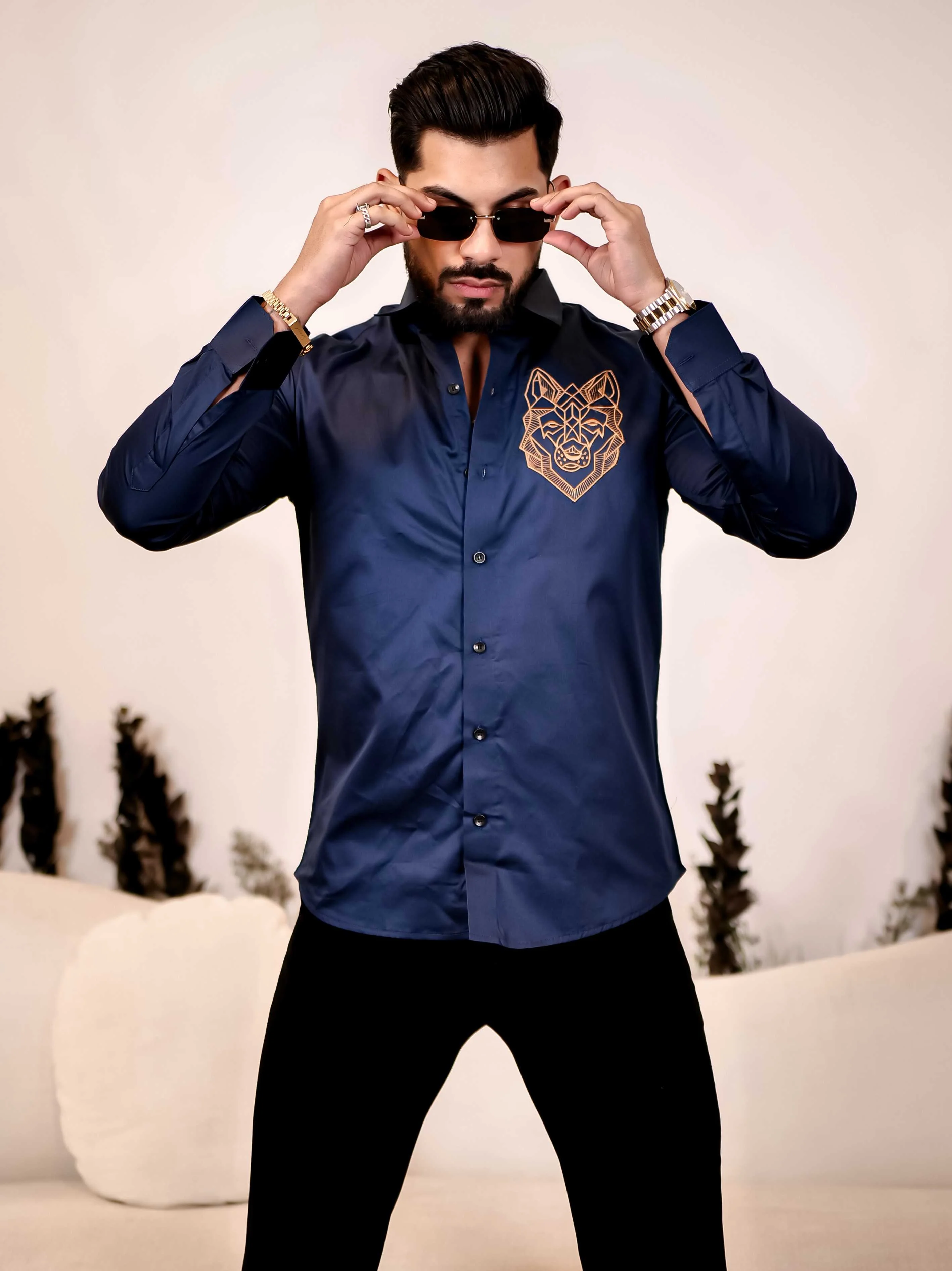 Line Art Wolf Navy Embroidered Club Wear Satin Cotton Shirt - Image 6
