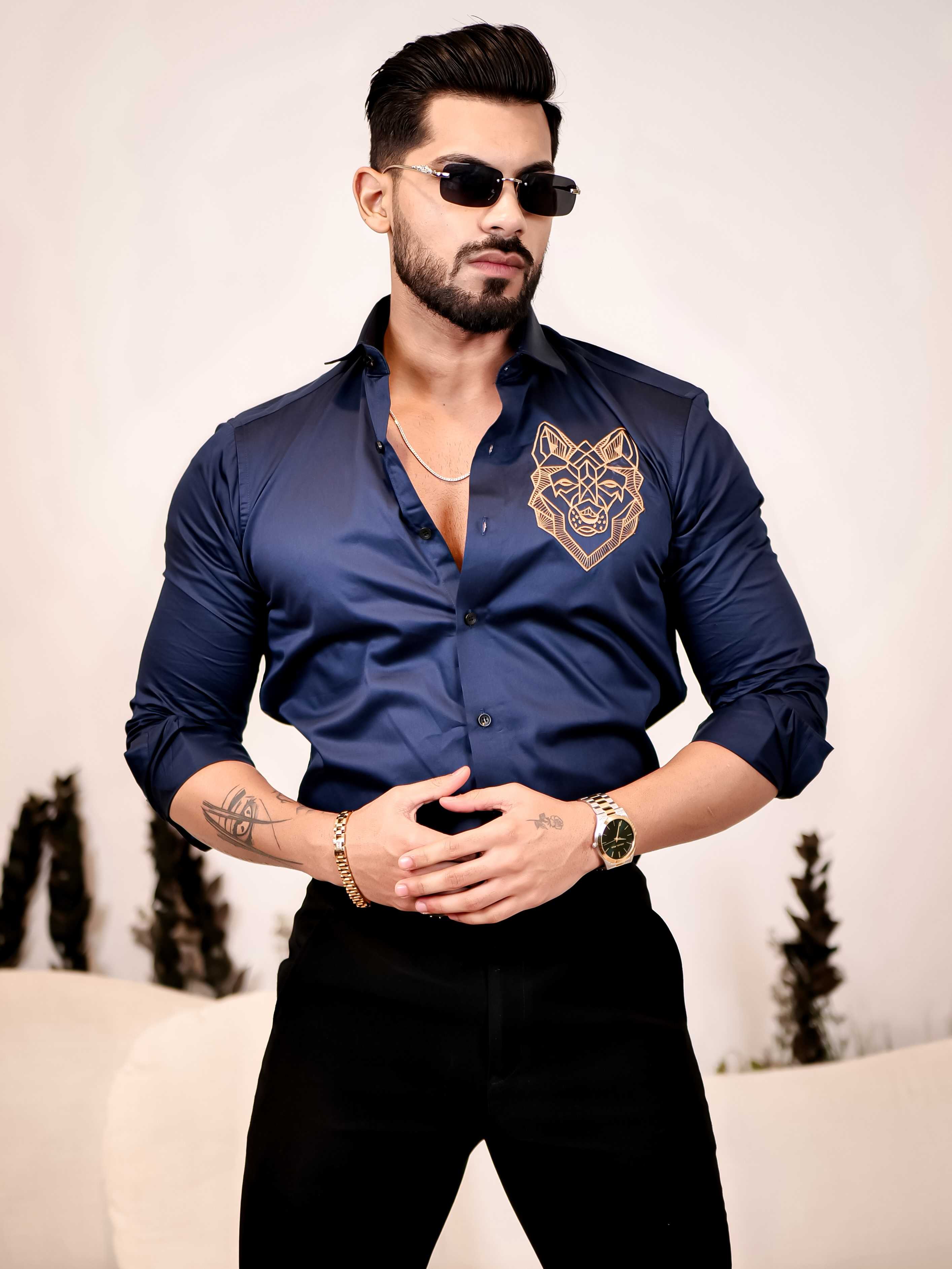 Line Art Wolf Navy Embroidered Club Wear Satin Cotton Shirt - Image 7