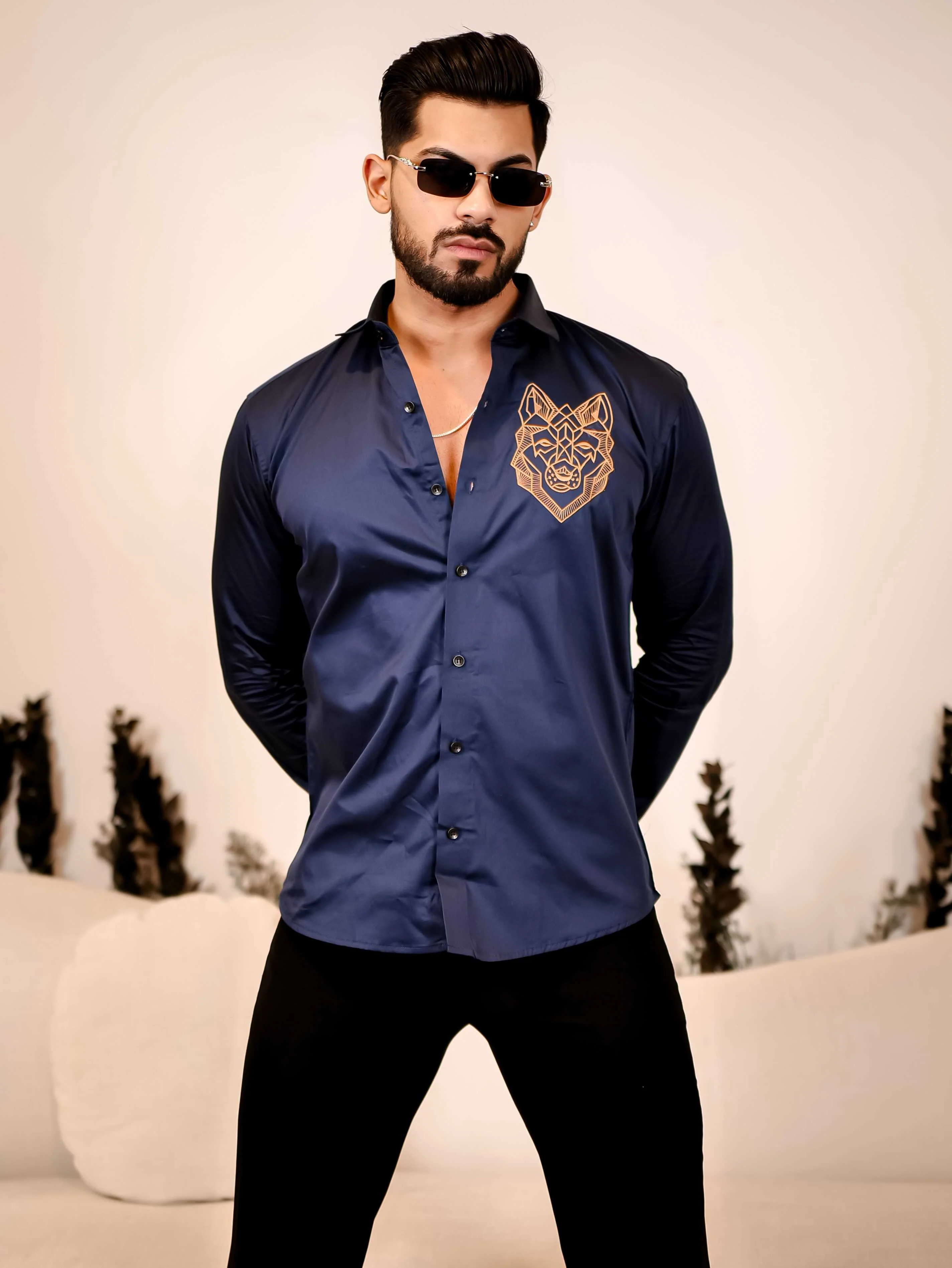 Line Art Wolf Navy Embroidered Club Wear Satin Cotton Shirt - Image 8