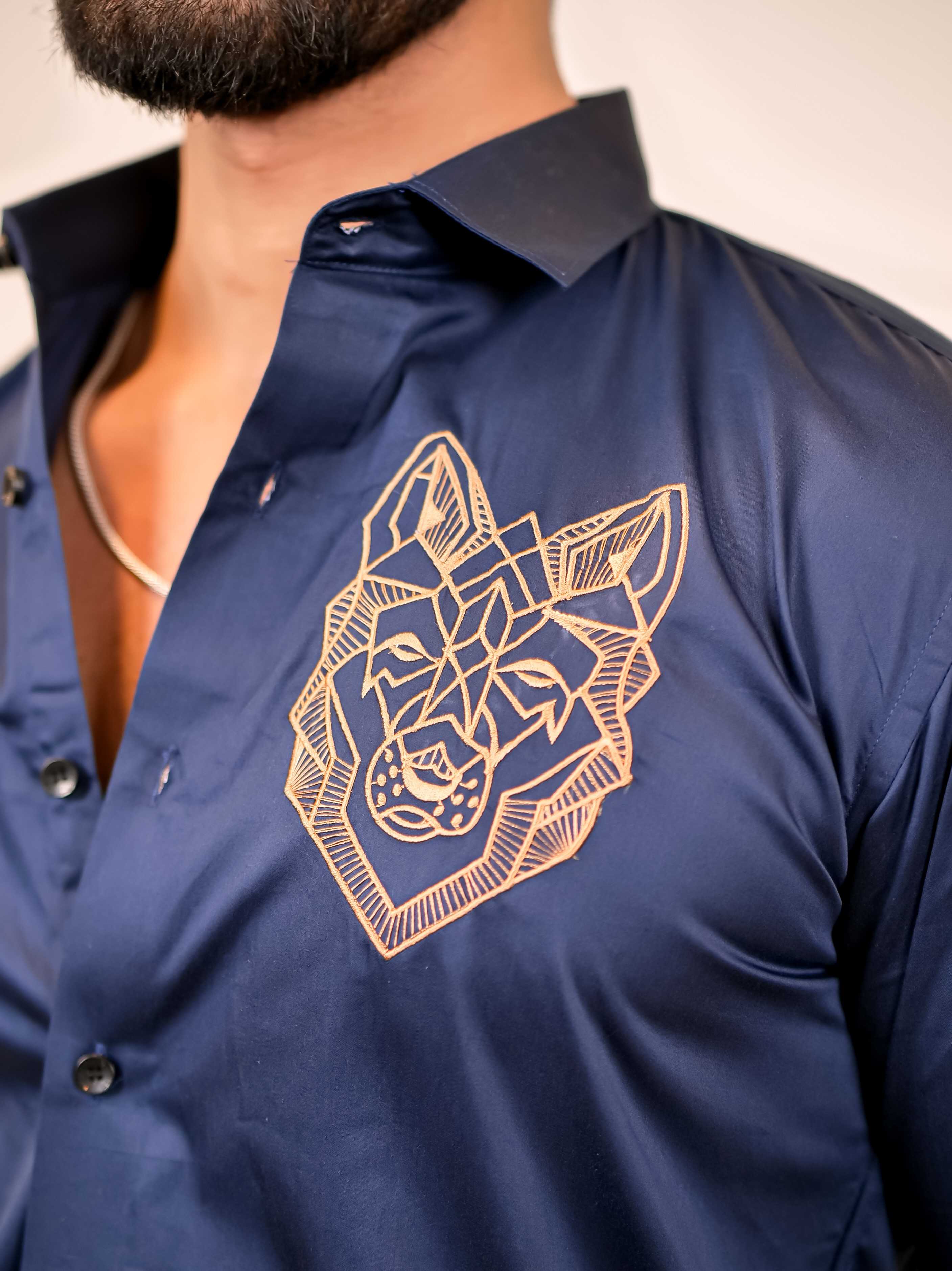 Line Art Wolf Navy Embroidered Club Wear Satin Cotton Shirt - Image 9