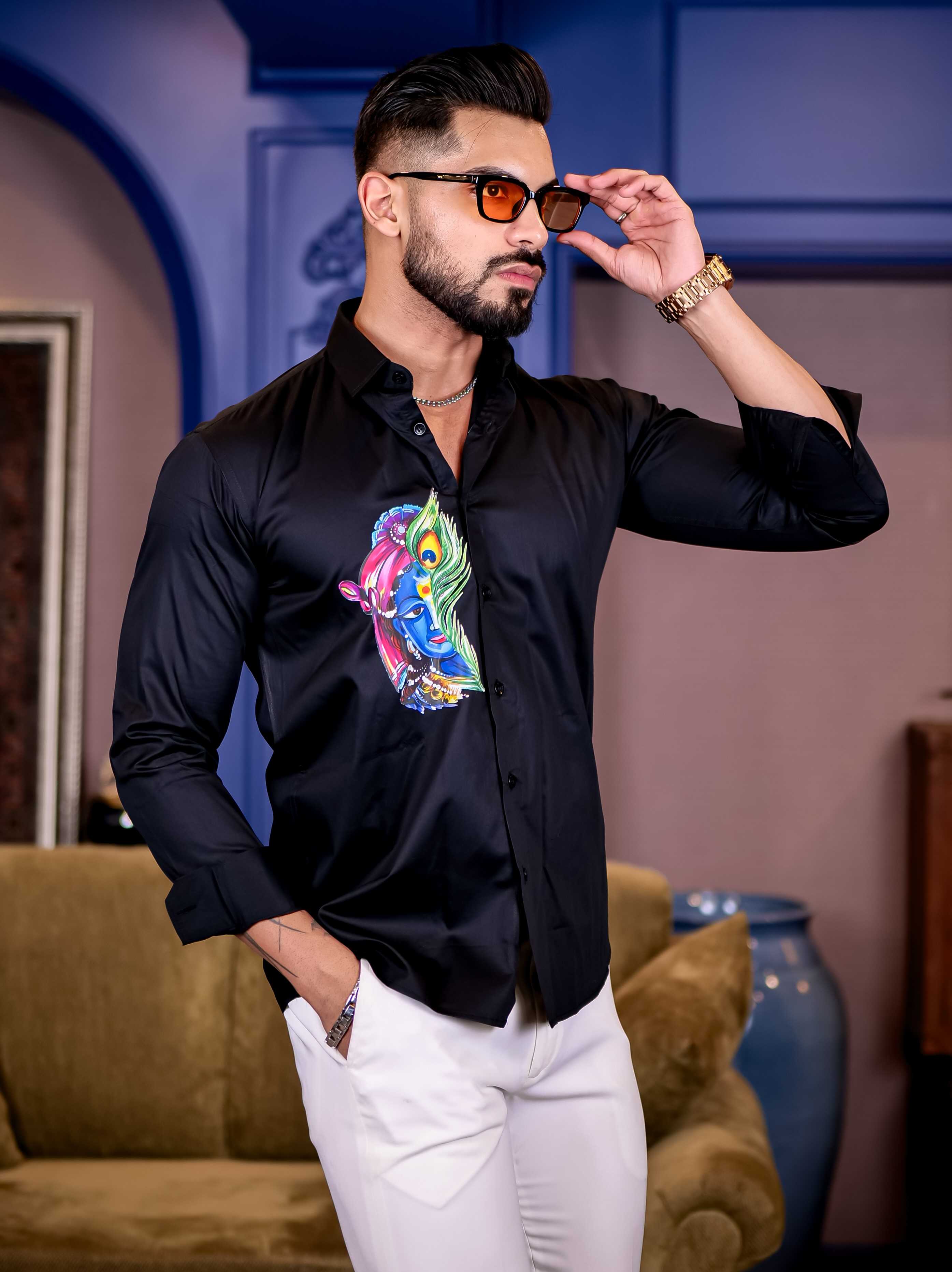 Lord Krishna Black Club Wear Printed Satin Cotton Shirt - Image 3