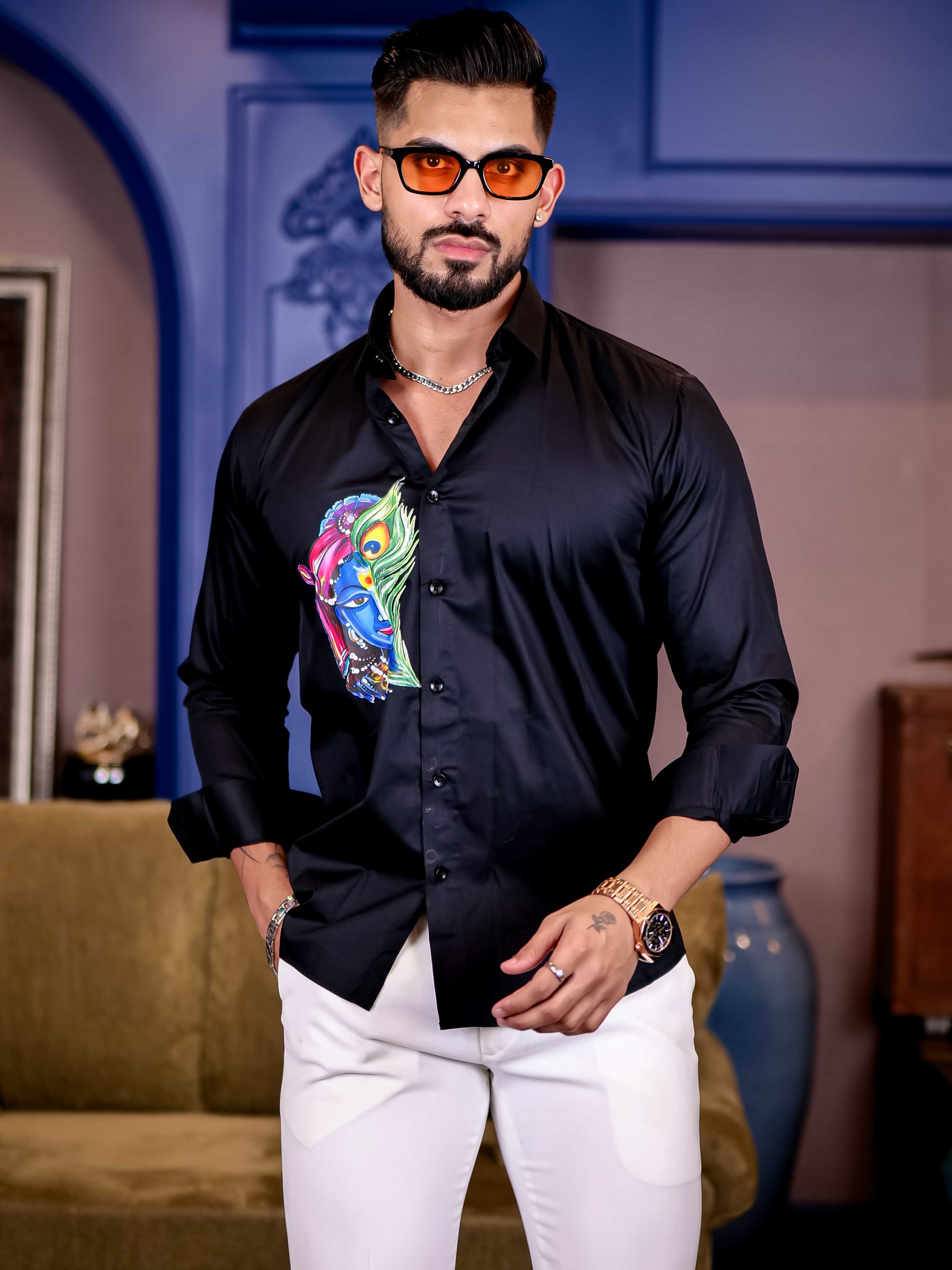 Lord Krishna Black Club Wear Printed Satin Cotton Shirt - Image 4