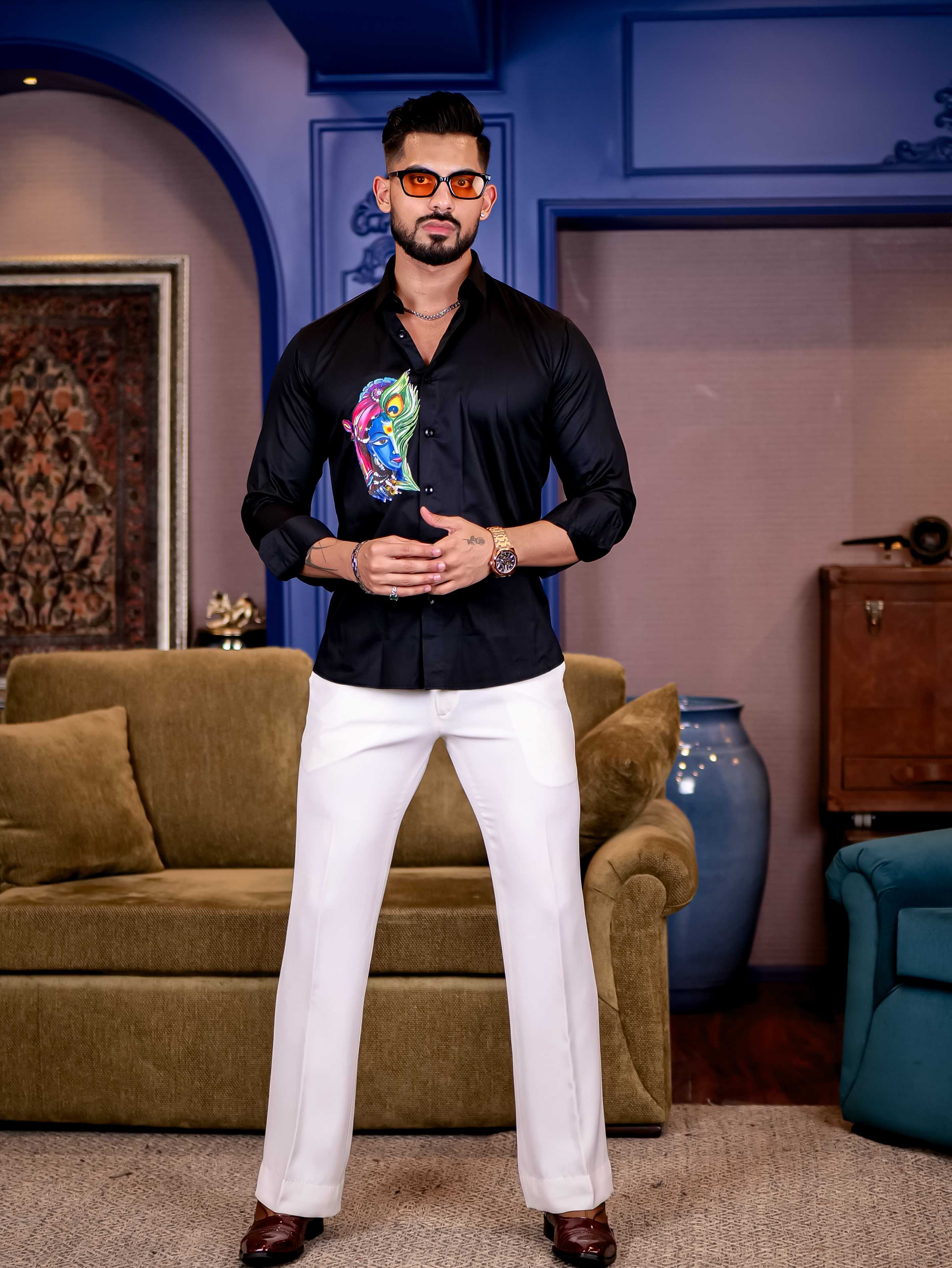 Lord Krishna Black Club Wear Printed Satin Cotton Shirt - Image 5