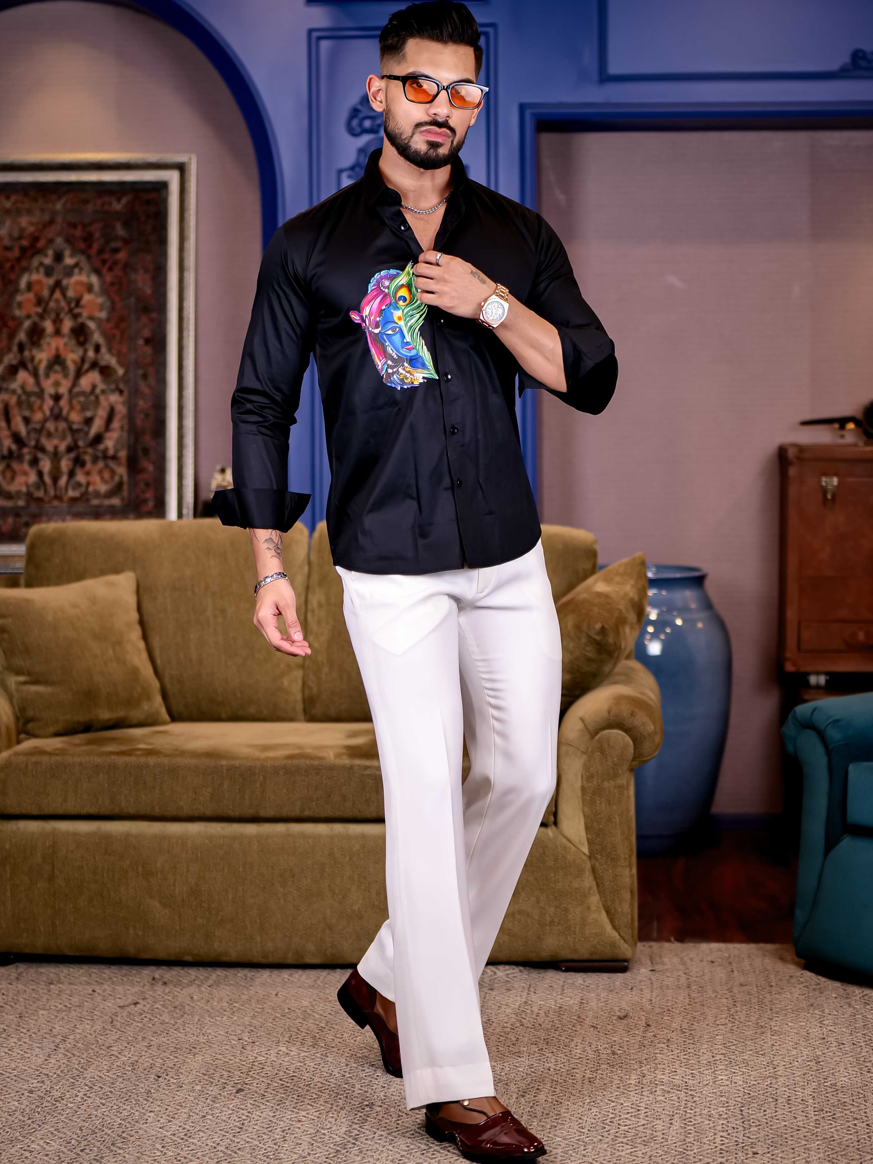 Lord Krishna Black Club Wear Printed Satin Cotton Shirt - Image 6