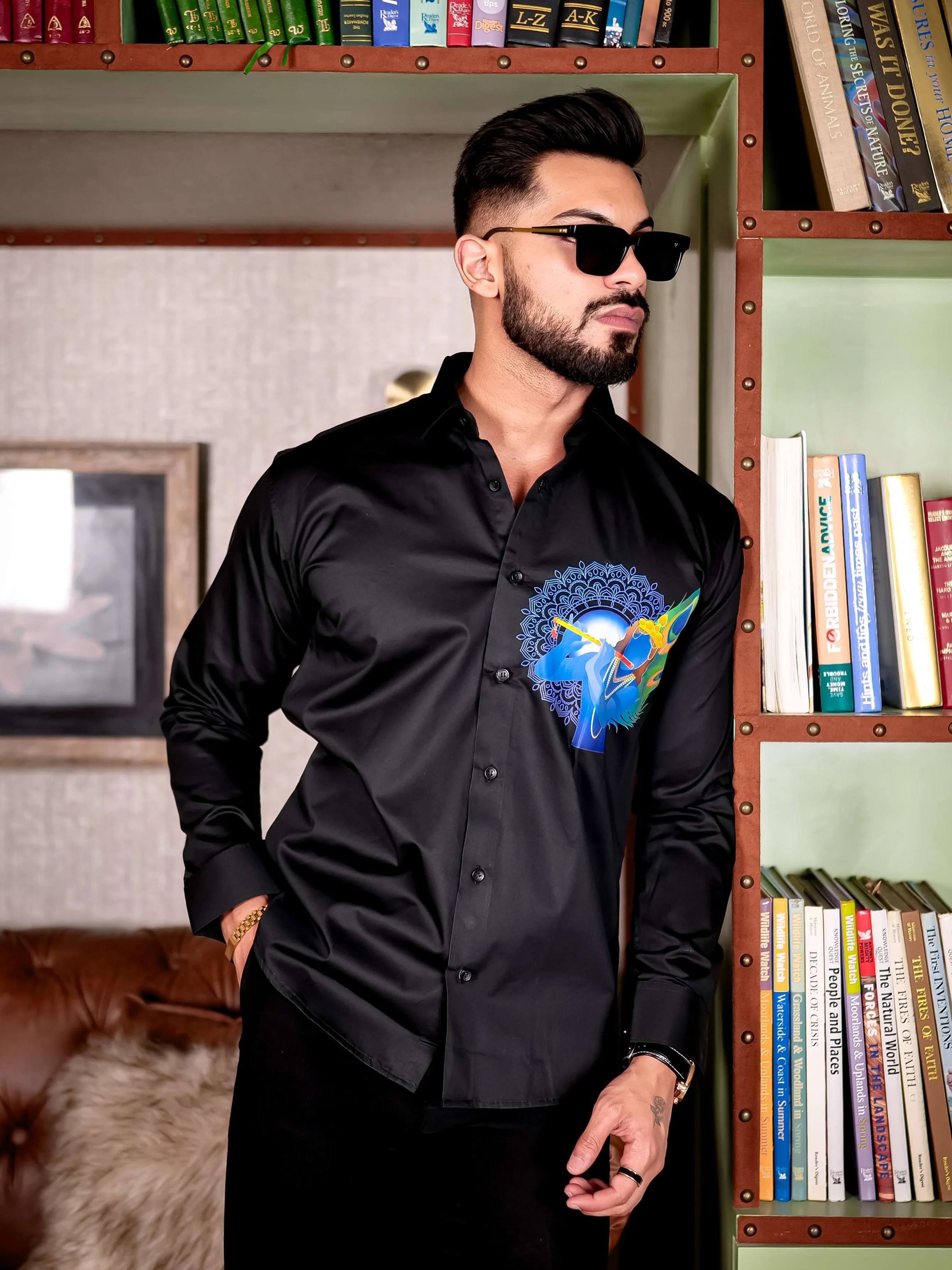 Lord Krishna Black Club Wear Printed Satin Cotton Shirt - Image 4