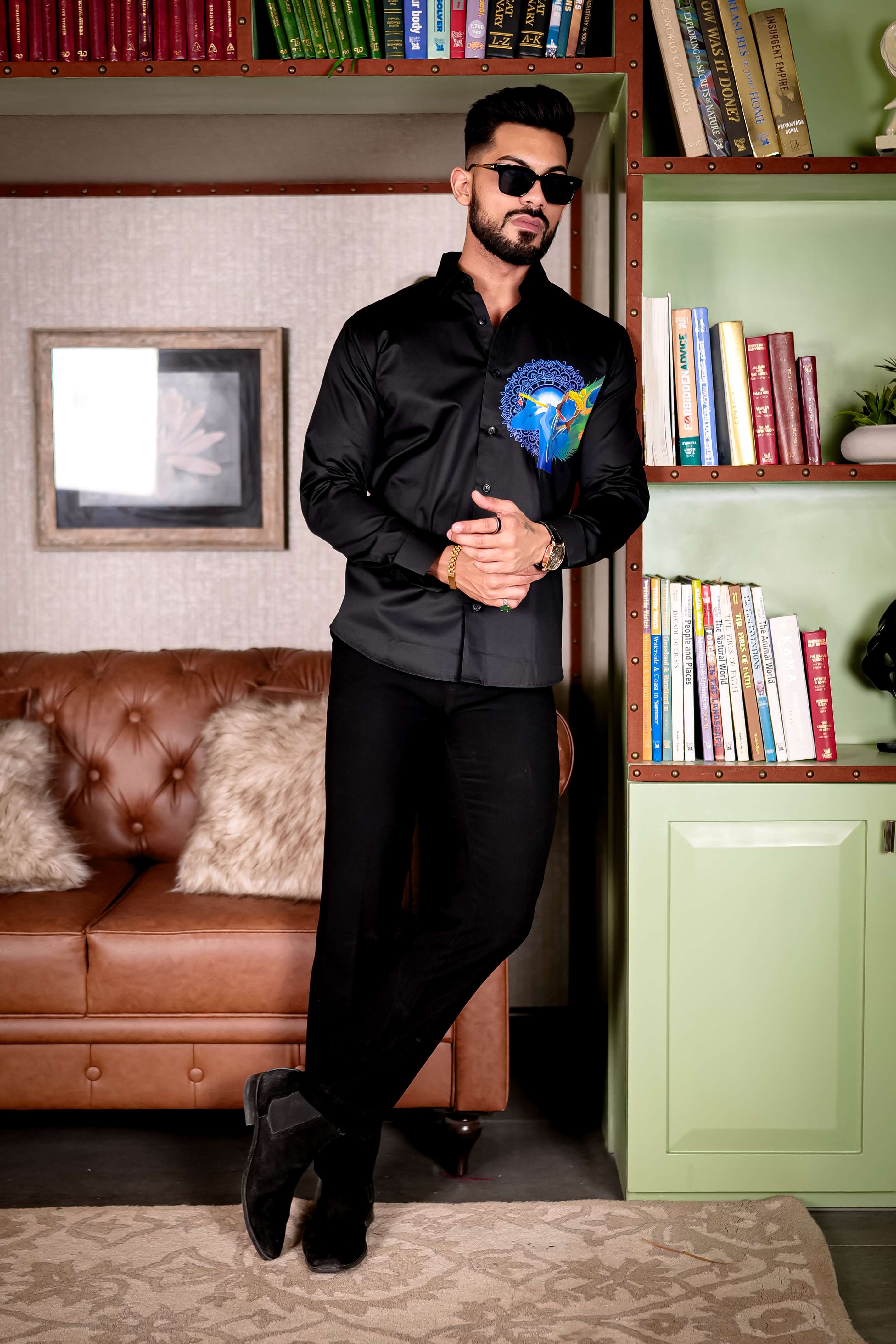 Lord Krishna Black Club Wear Printed Satin Cotton Shirt - Image 5