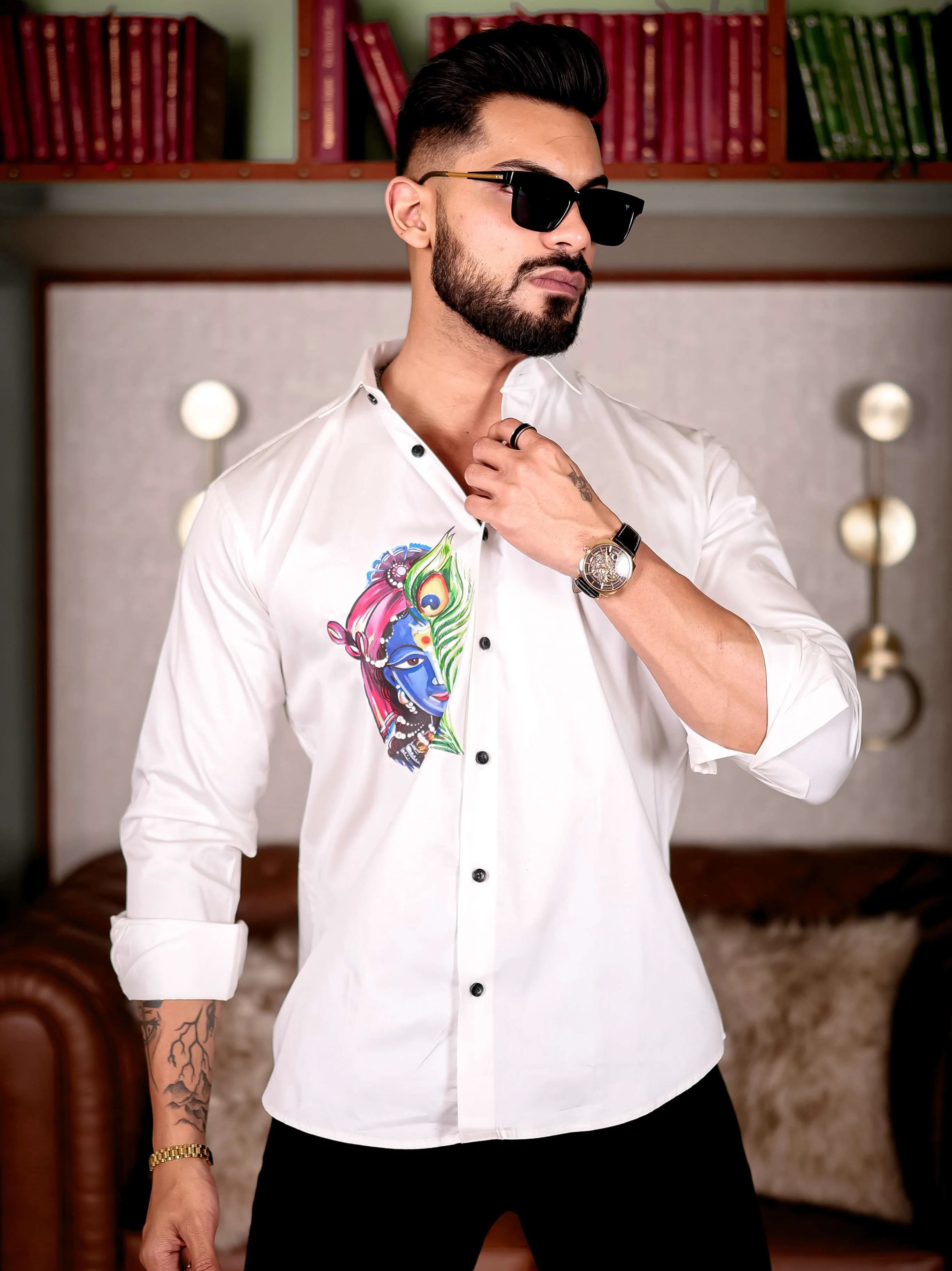 Lord Krishna White Club Wear Printed Satin Cotton Shirt - Image 2