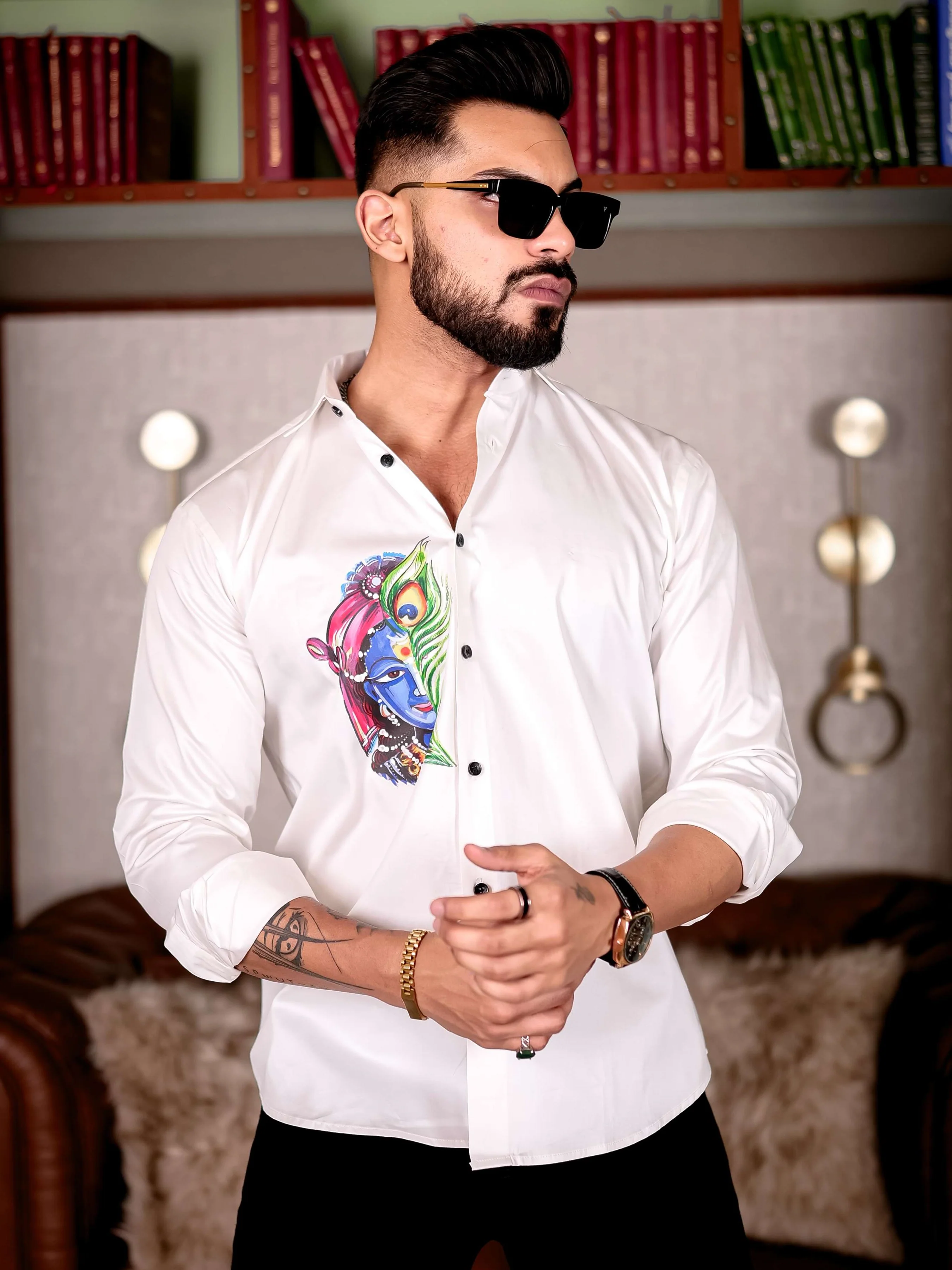 Lord Krishna White Club Wear Printed Satin Cotton Shirt - Image 6