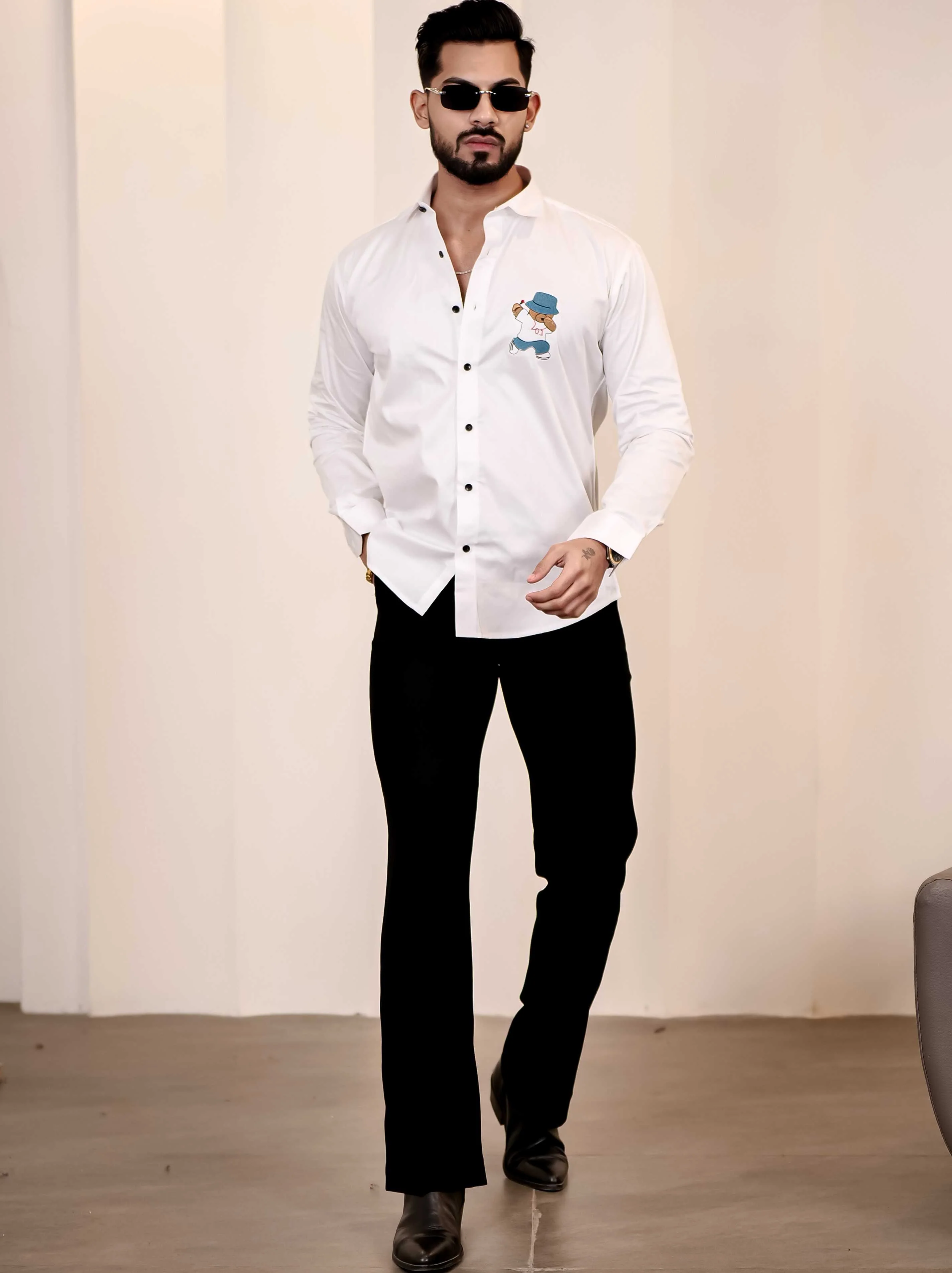 Love Teddy White Embroidered Club Wear Satin Cotton Shirt - Image 6