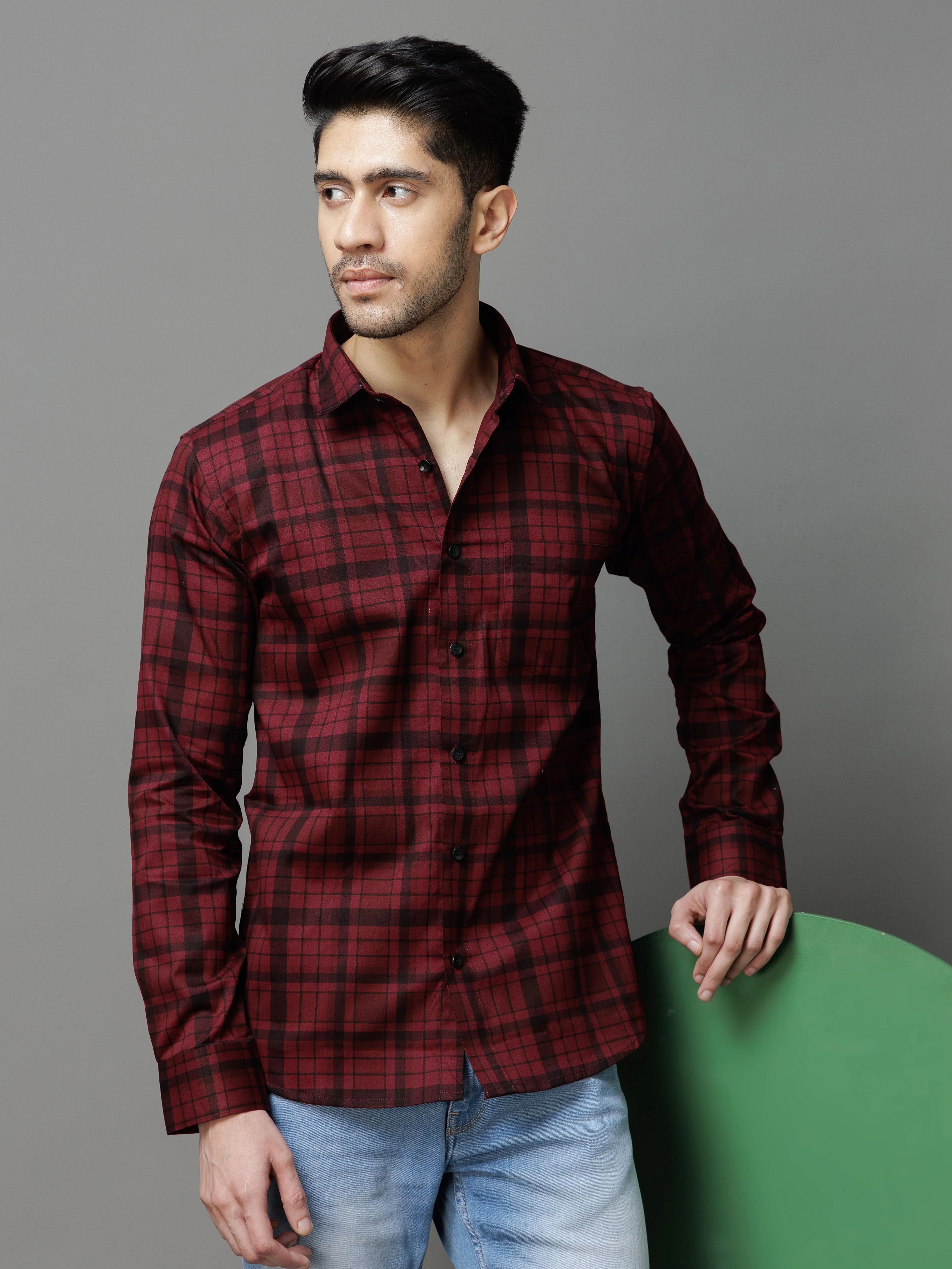 MAROON CHECKS PRINTED COTTON CASUAL SHIRT FOR MEN'S