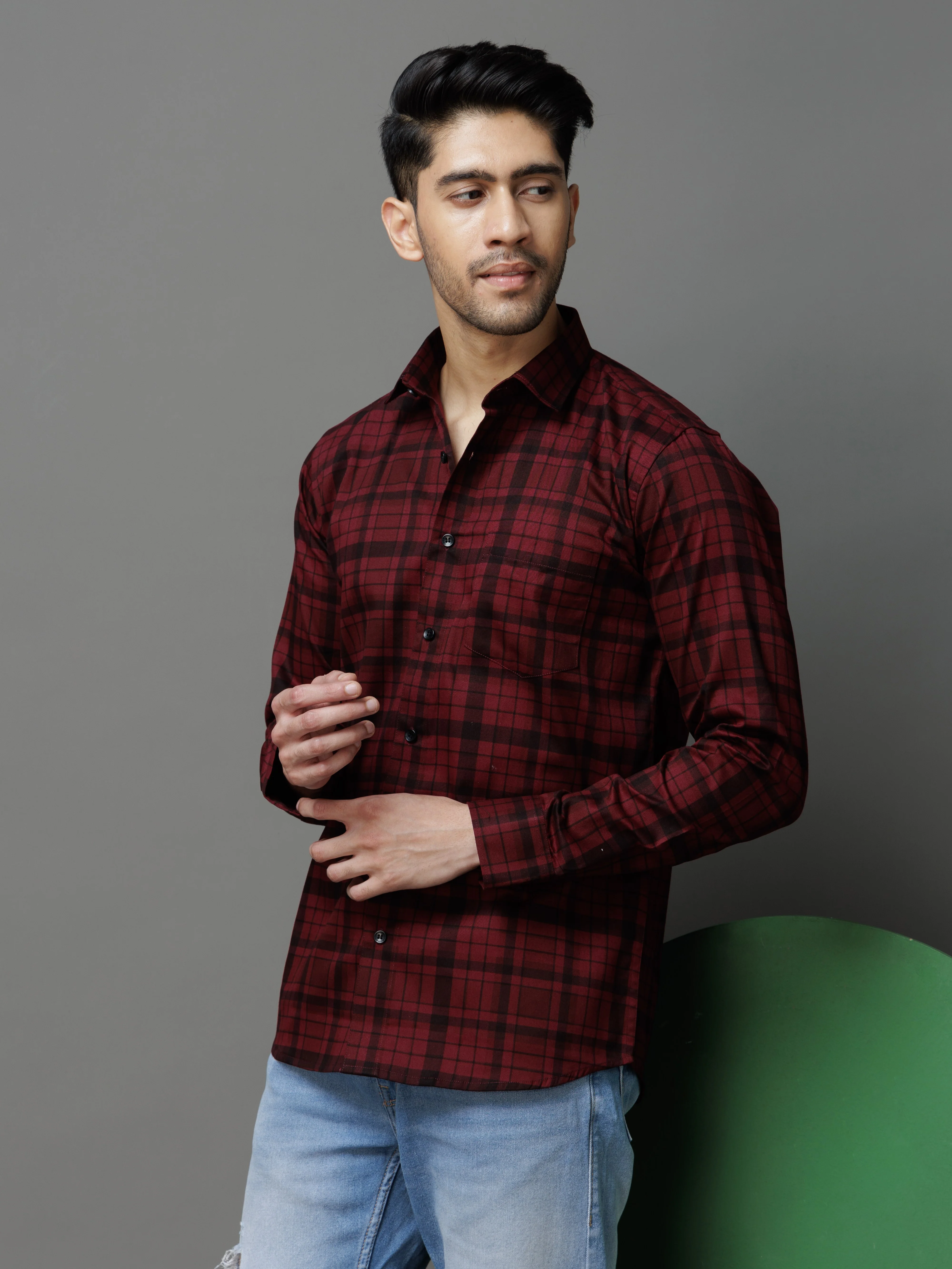 MAROON CHECKS PRINTED COTTON CASUAL SHIRT FOR MEN'S - Image 3