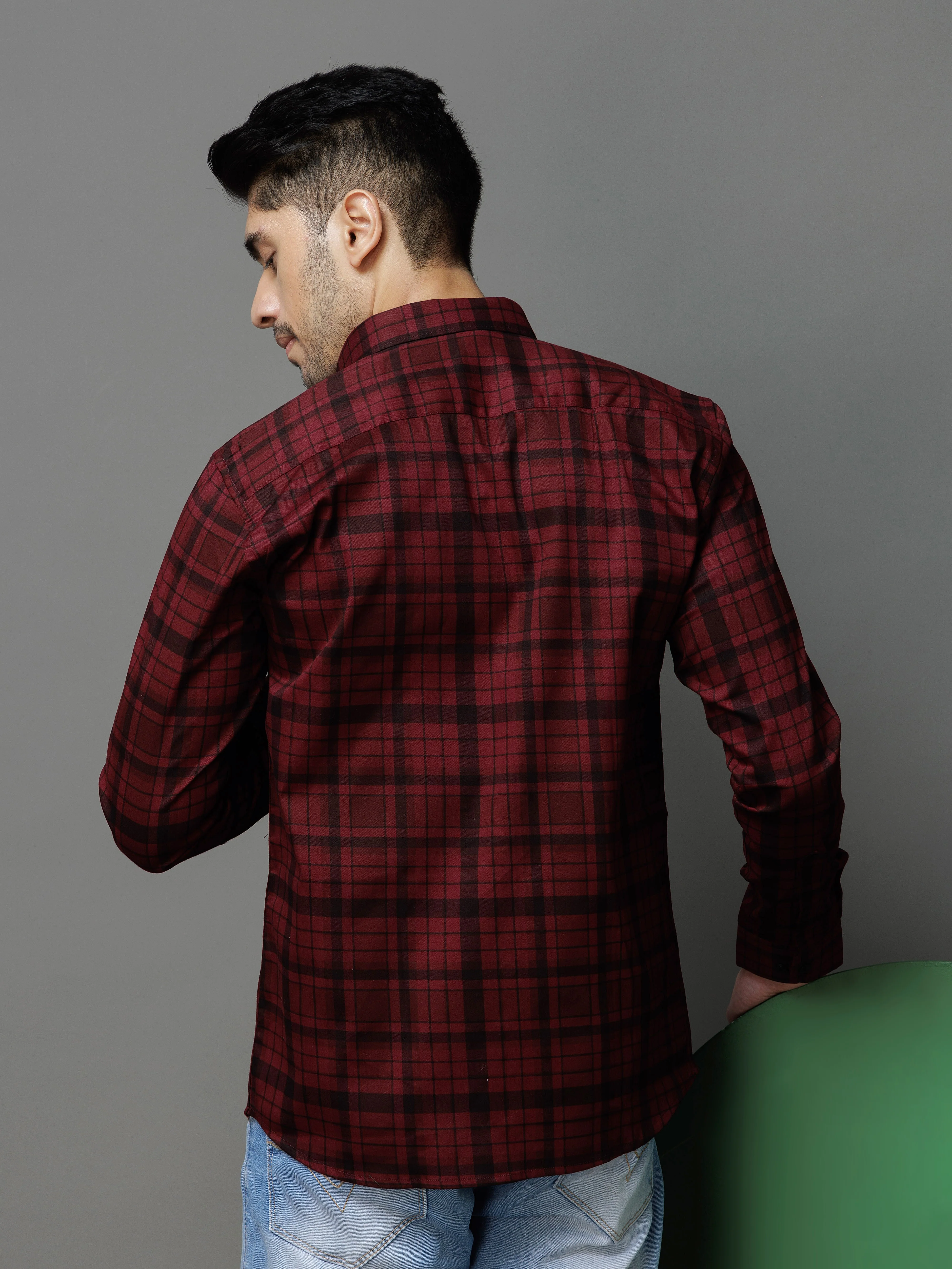MAROON CHECKS PRINTED COTTON CASUAL SHIRT FOR MEN'S - Image 6