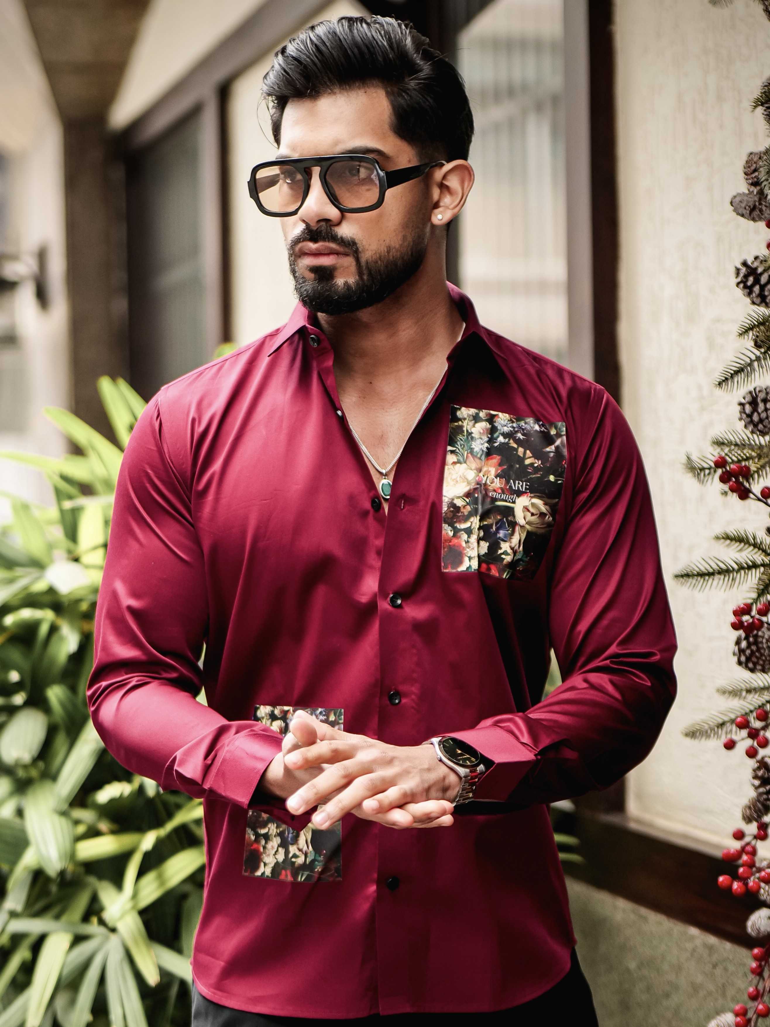 MAROON CLUB WEAR PRINTED SATIN COTTON SHIRT